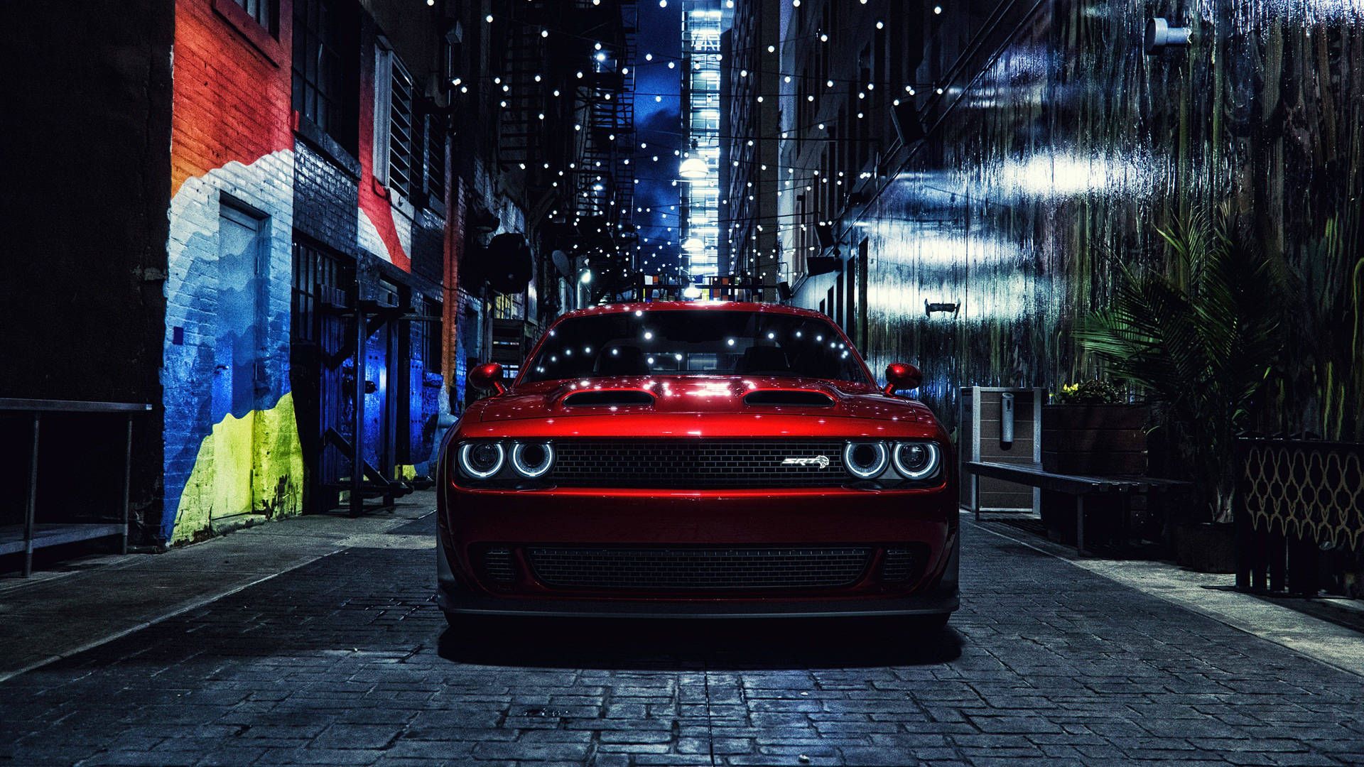 Dodge Challenger SRT, Rotes Auto, Stadtstraße, Nacht, Graffiti, Full HD, Breitbild-Hintergrundbild