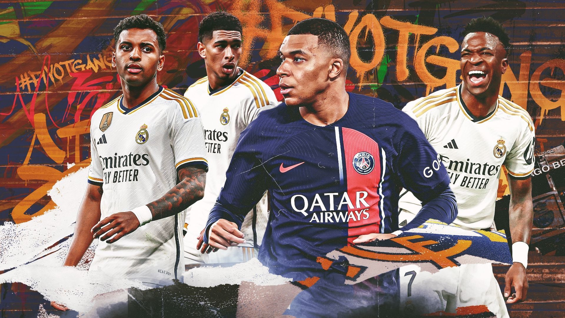 Kylian Mbappé, Vinícius Júnior, Jude Bellingham, Rodrygo, Real Madrid, Paris Saint-Germain, Graffiti, Full-HD-Hintergrundbild