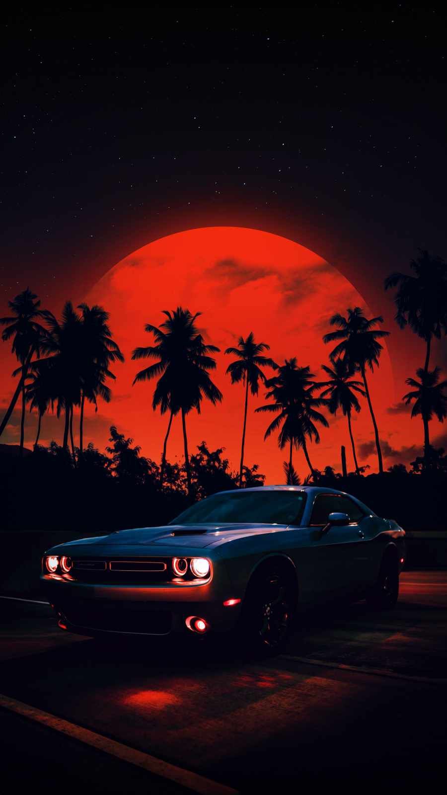 Dodge Challenger, Retrowave, Roter Mond, Palmen, Nacht, Hochformat, Hintergrundbild fürs Smartphone