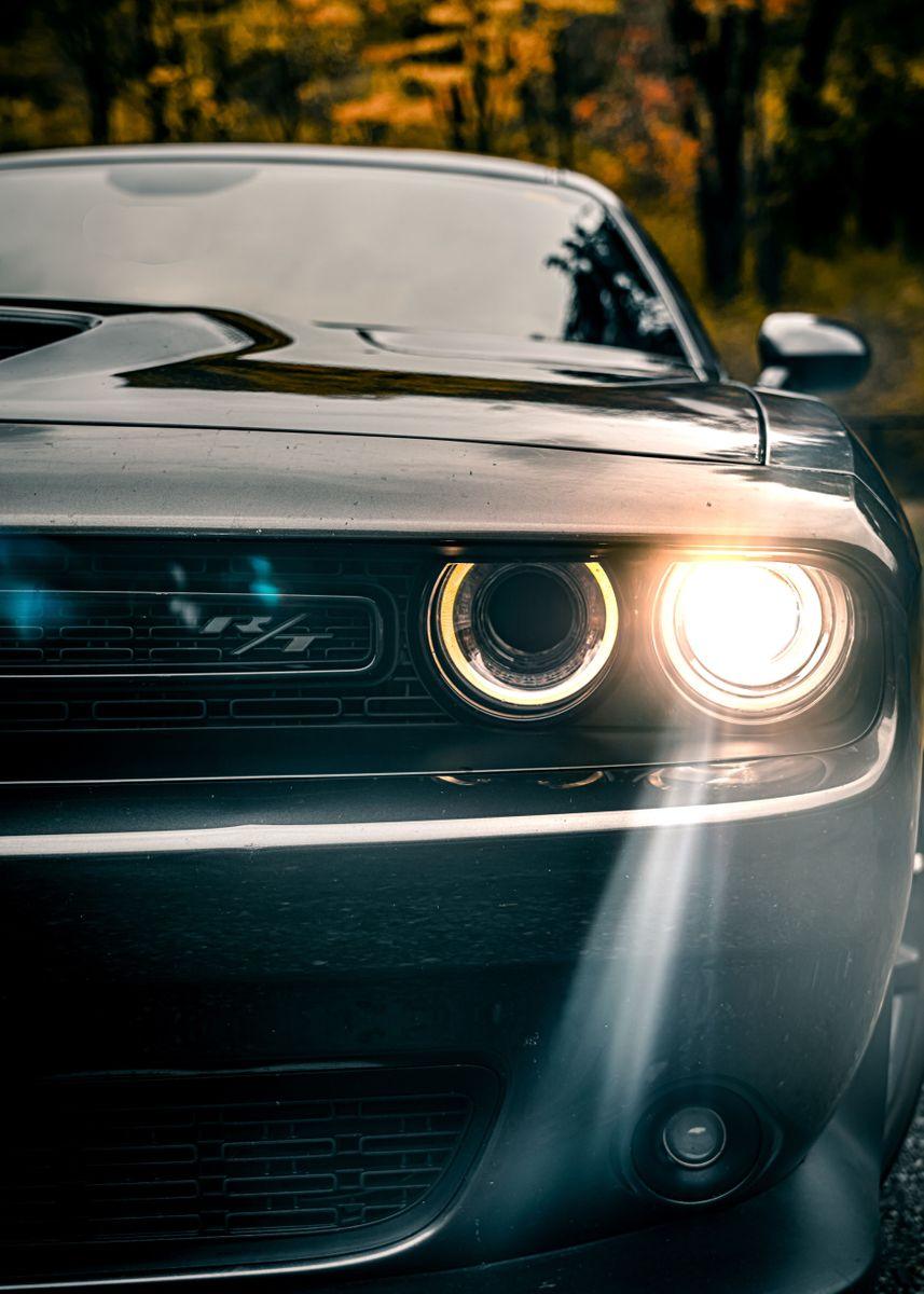 Dodge Challenger, Scheinwerfer, Nahaufnahme, Halo-Ringe, Dunkel, Hintergrundbild fürs iPad