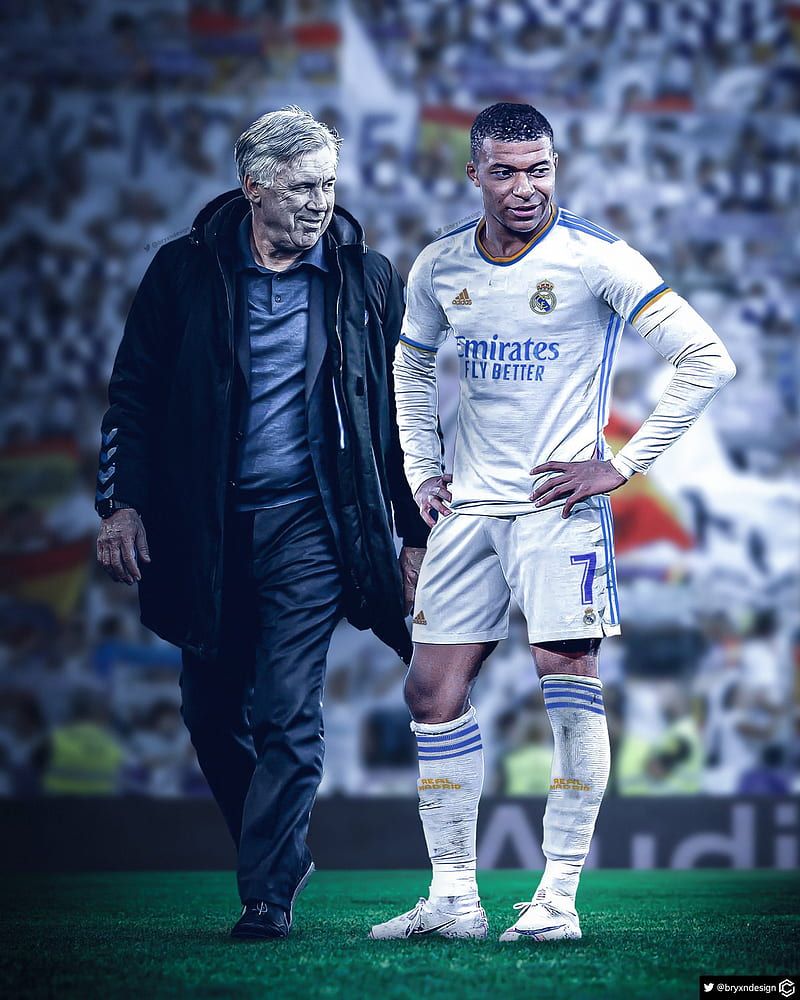 Kylian Mbappé, Carlo Ancelotti, Real Madrid, Trainer, Spielfeld, Digitale Kunst, iPad-Hintergrundbild