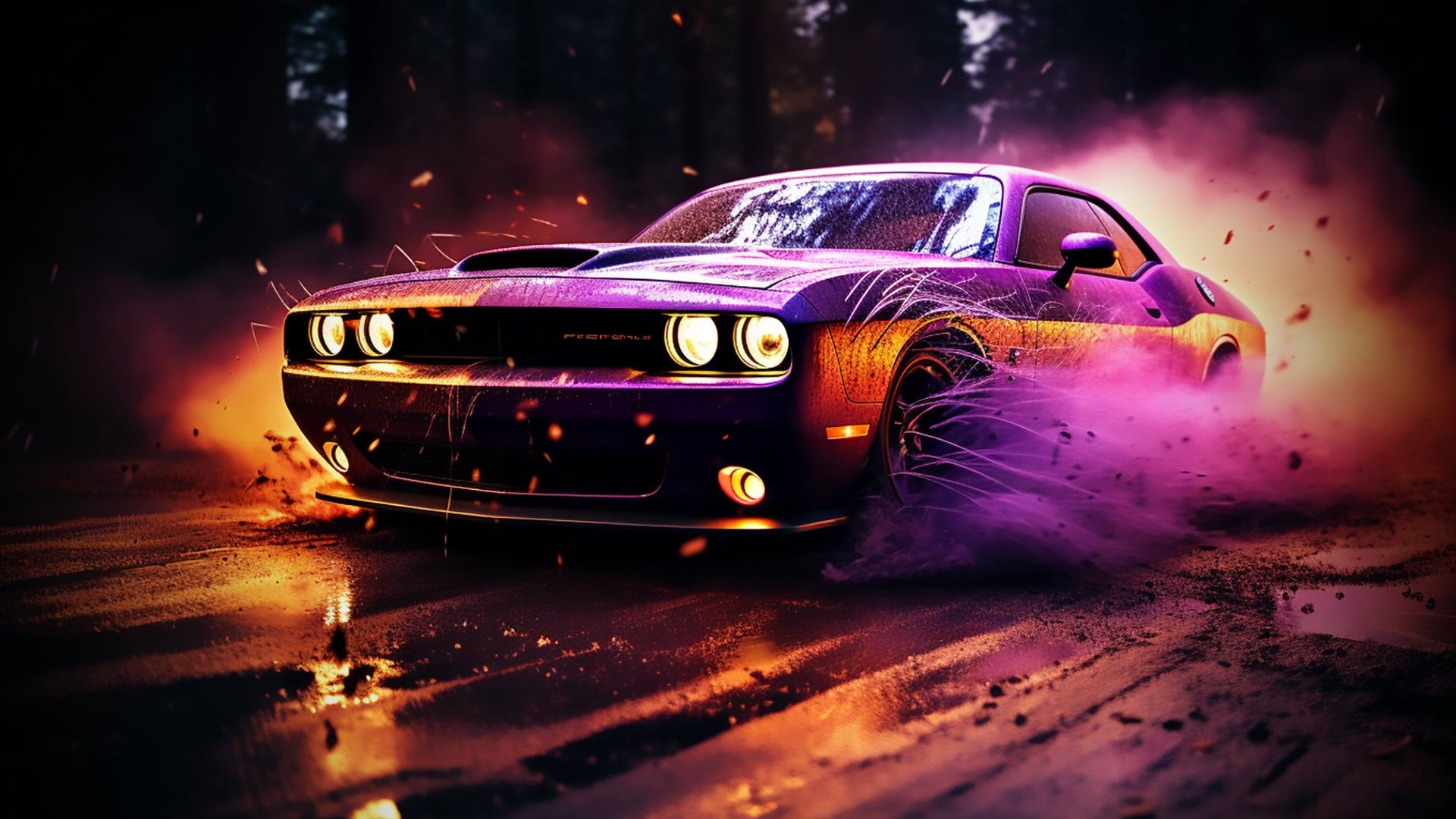 Dodge Challenger, Farbexplosion, Lila, Orange, Digitale Kunst, Full HD, PC-Hintergrundbild