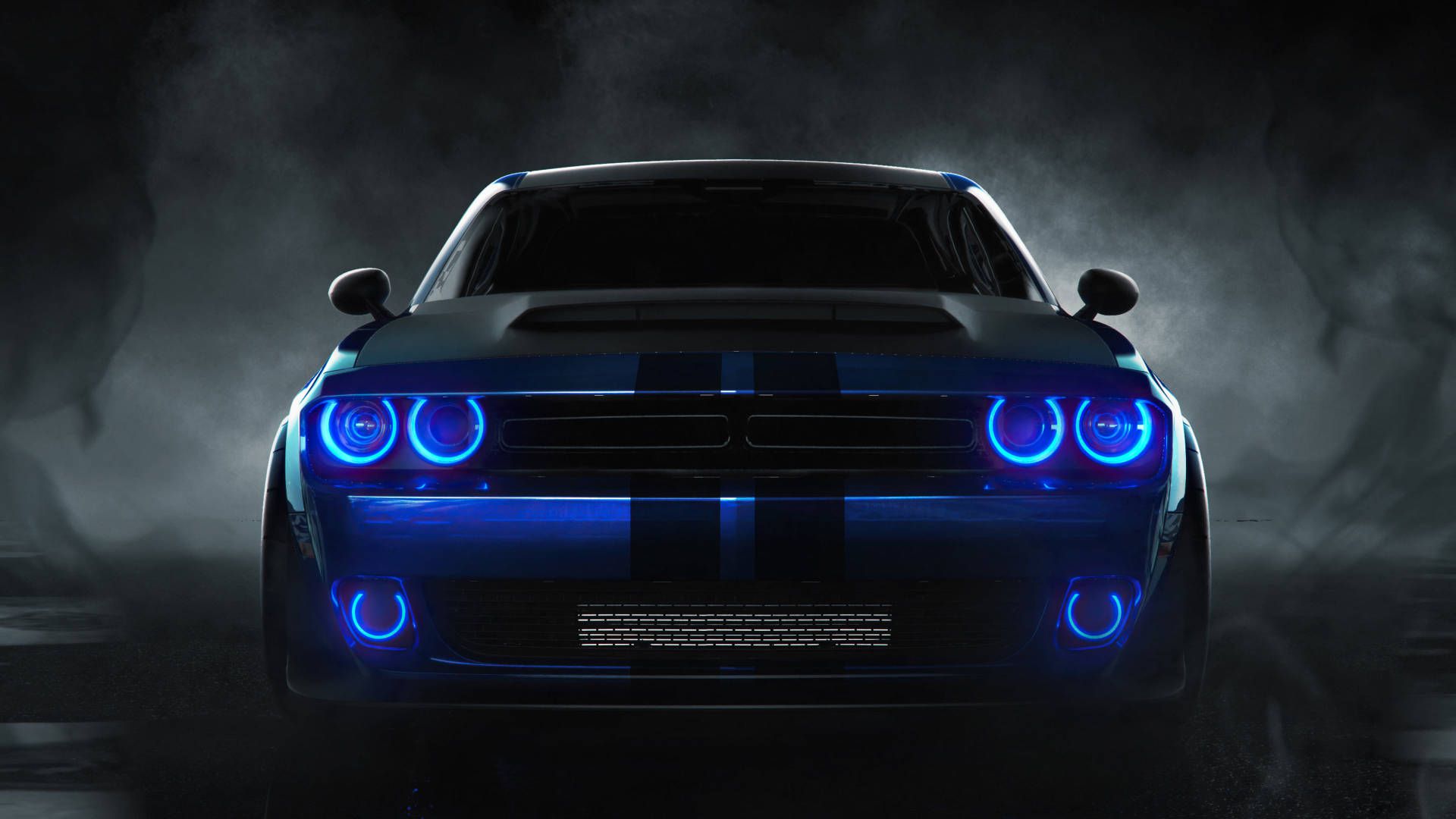 Dodge Challenger, Blaue Halo-Scheinwerfer, Rauch, Dunkel, Frontansicht, Full-HD-Hintergrundbild für PC