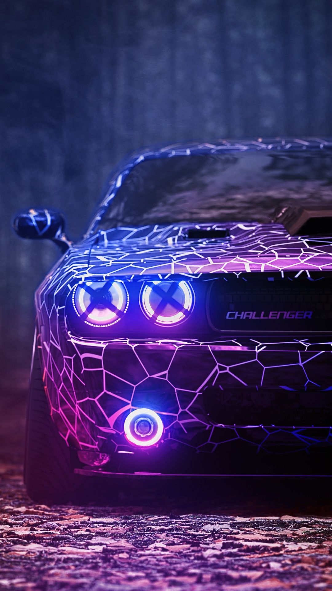 Dodge Challenger, Neonlinien, Lila, Digitale Kunst, Schnee, Full HD, iPhone-Hintergrundbild