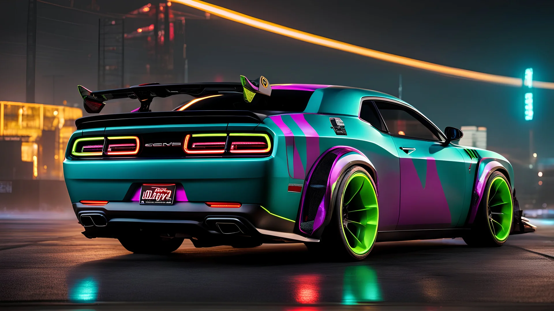 Dodge Challenger, Widebody, Tuning, Neonfarben, Nacht, Full HD, Desktop-Hintergrund für Windows