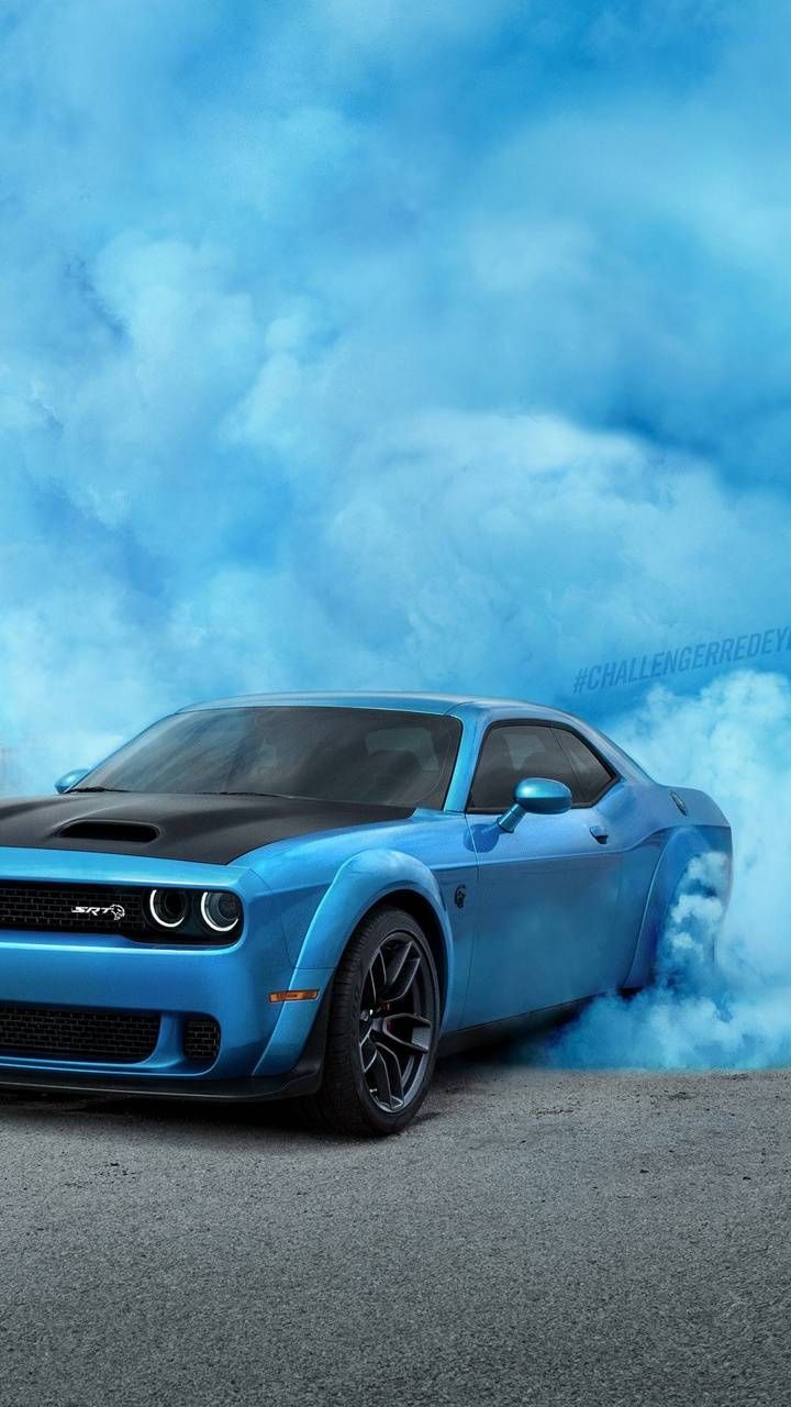 Dodge Challenger, Blaues Auto, Blauer Rauch, Burnout, Hochformat, HD, Handy-Hintergrundbild
