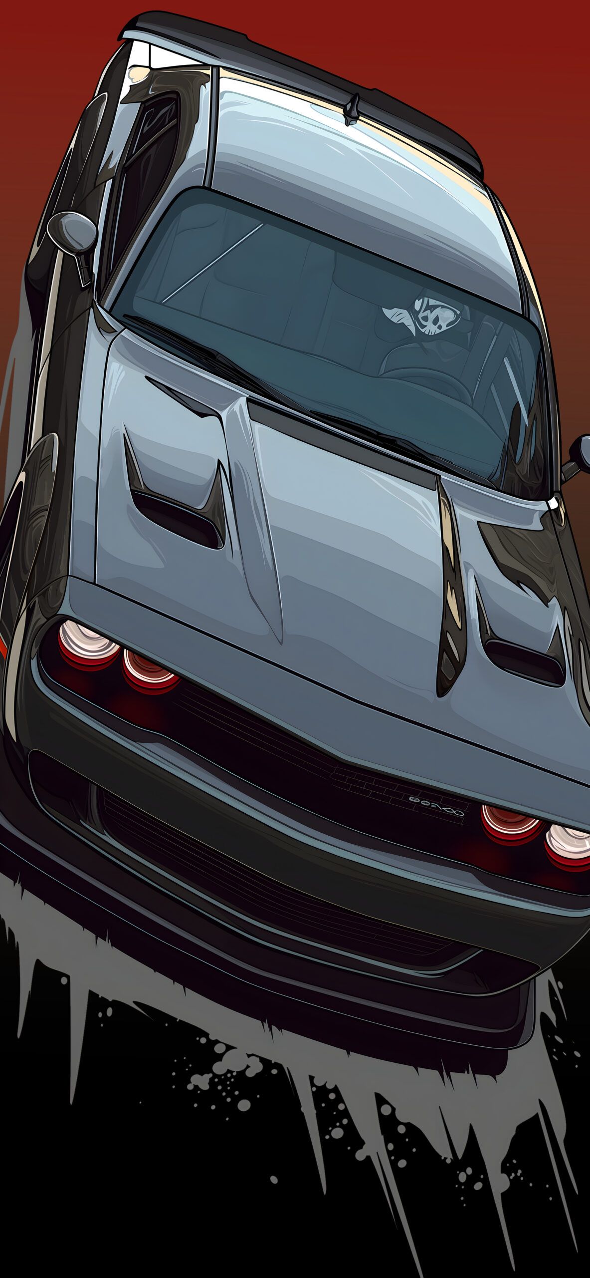 Dodge Challenger, Vogelperspektive, Illustration, Roter Hintergrund, Motorhaube, Sperrbildschirm