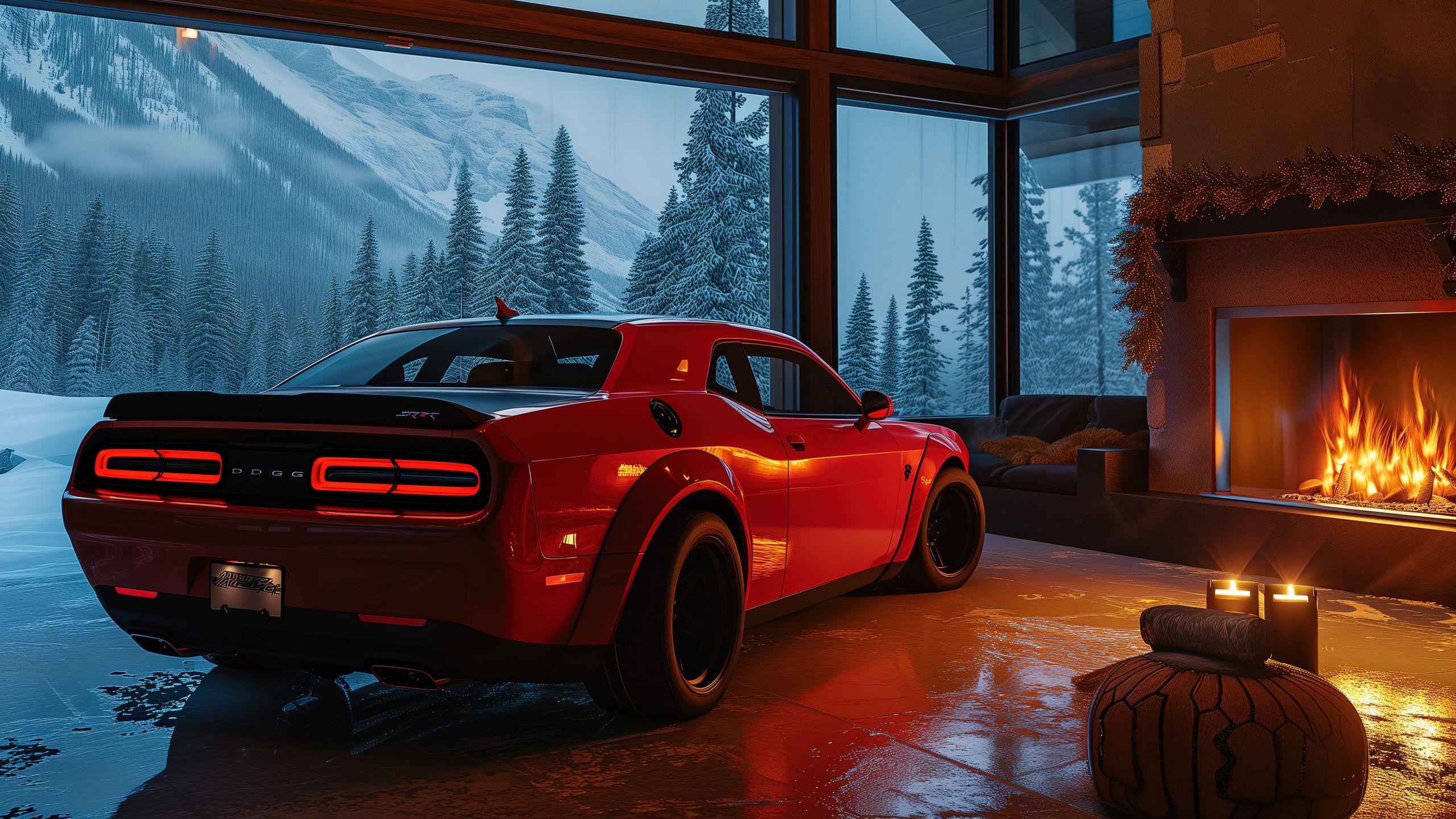 Dodge Challenger, Rotes Auto, Kamin, Chalet, Winter, Gemütlich, 2K, PC-Hintergrundbild