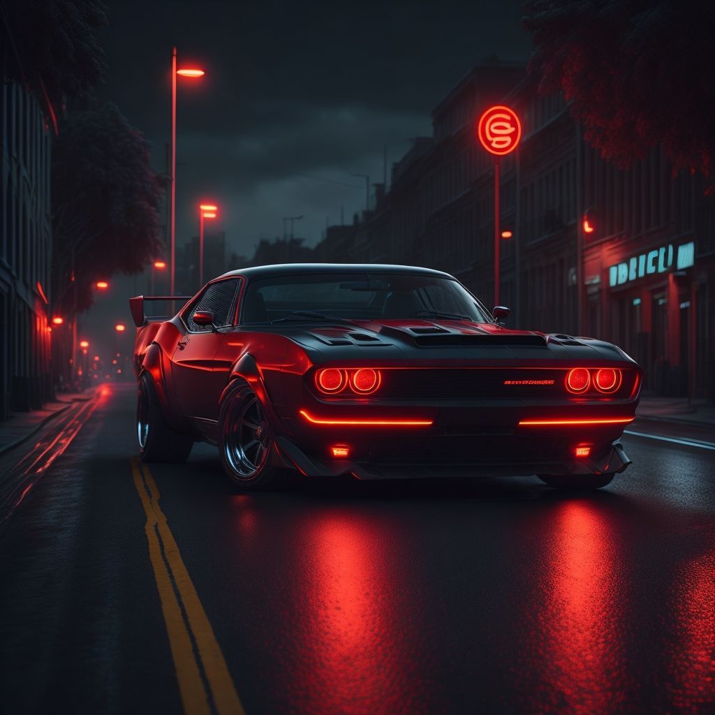Dodge Challenger, Rotes Auto, Nacht, Straße, Rote Lichter, Hintergrundbild fürs iPad