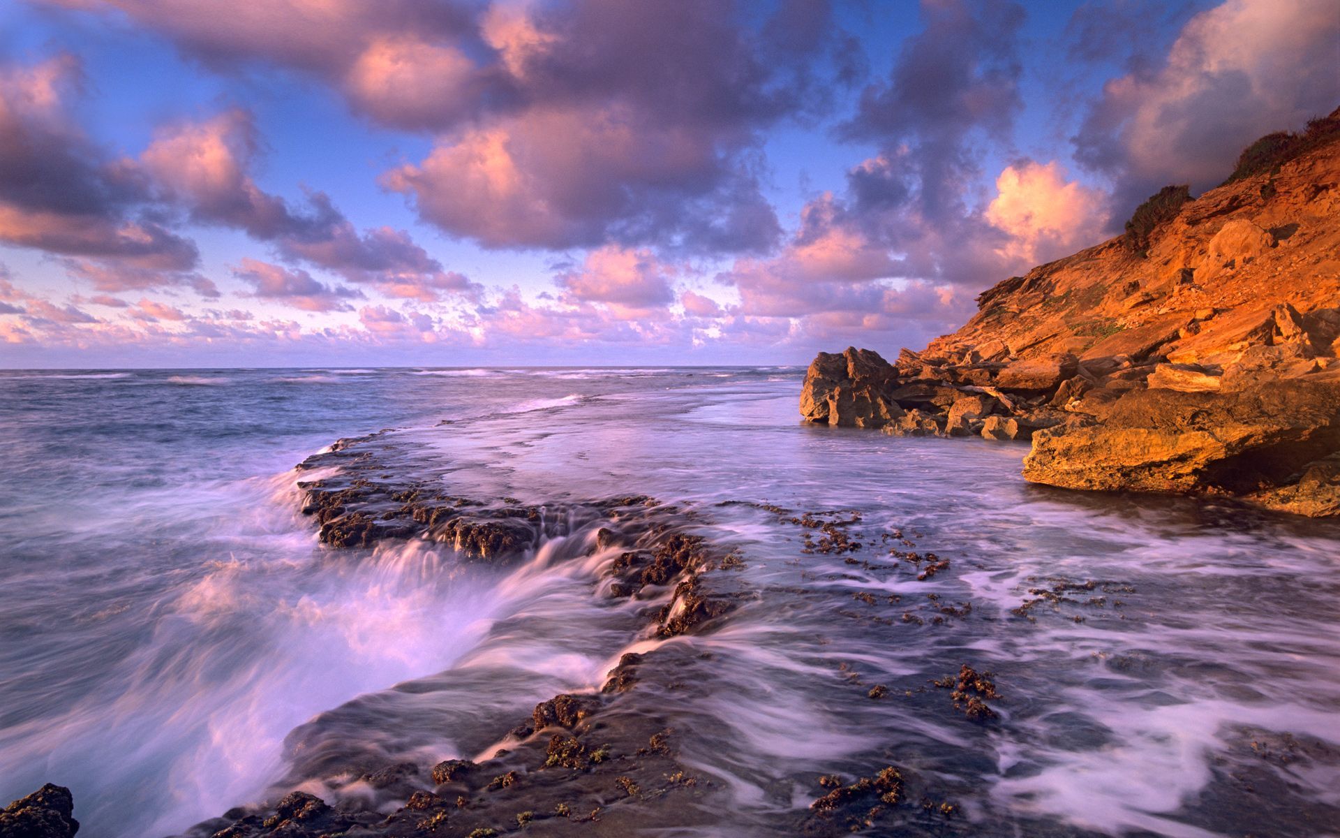 Felsküste, Meer, Wolken, Sonnenuntergang, Langzeitbelichtung, Full-HD-Hintergrundbild für PC