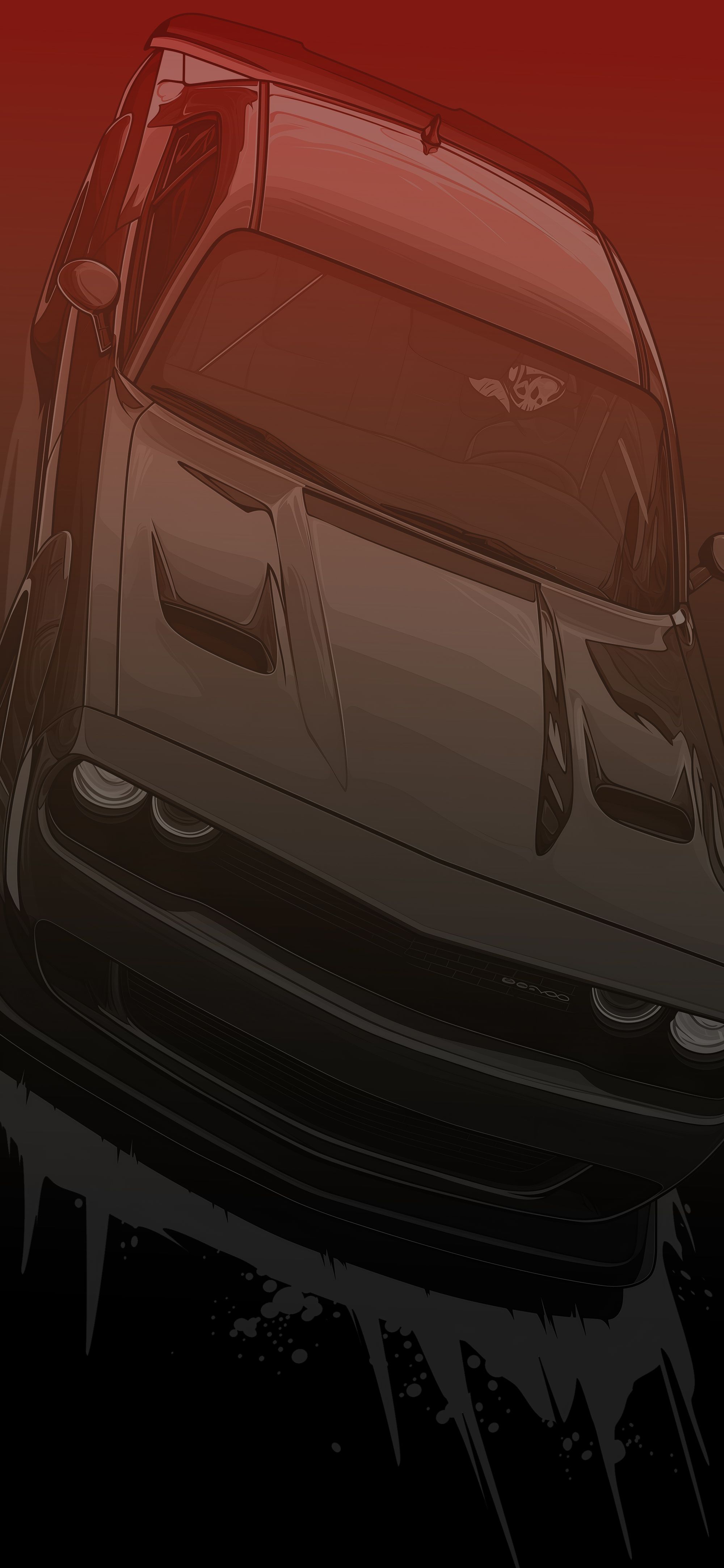 Dodge Challenger, Illustration, Roter Hintergrund, Vogelperspektive, Hochformat, Sperrbildschirm