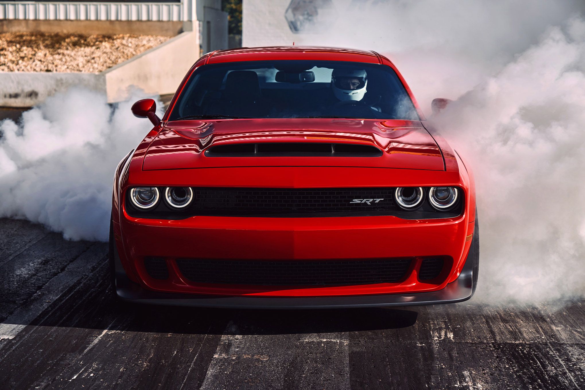 Dodge Challenger SRT, Burnout, Rauch, Rotes Auto, Frontansicht, Full HD, Windows-Hintergrundbild