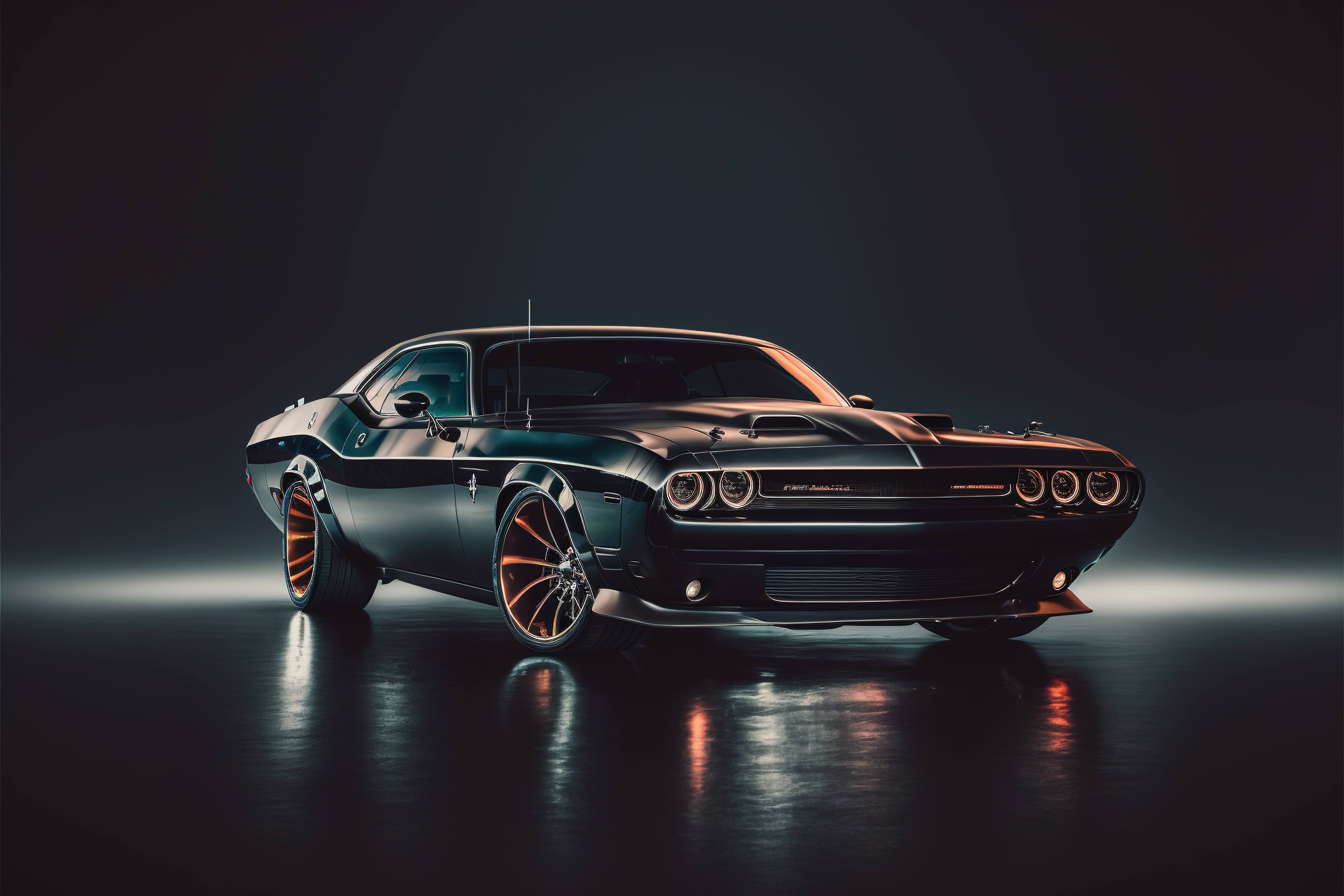 Dodge Challenger, Schwarzes Auto, Studio, Spiegelung, Dunkel, 4K, Laptop-Hintergrundbild