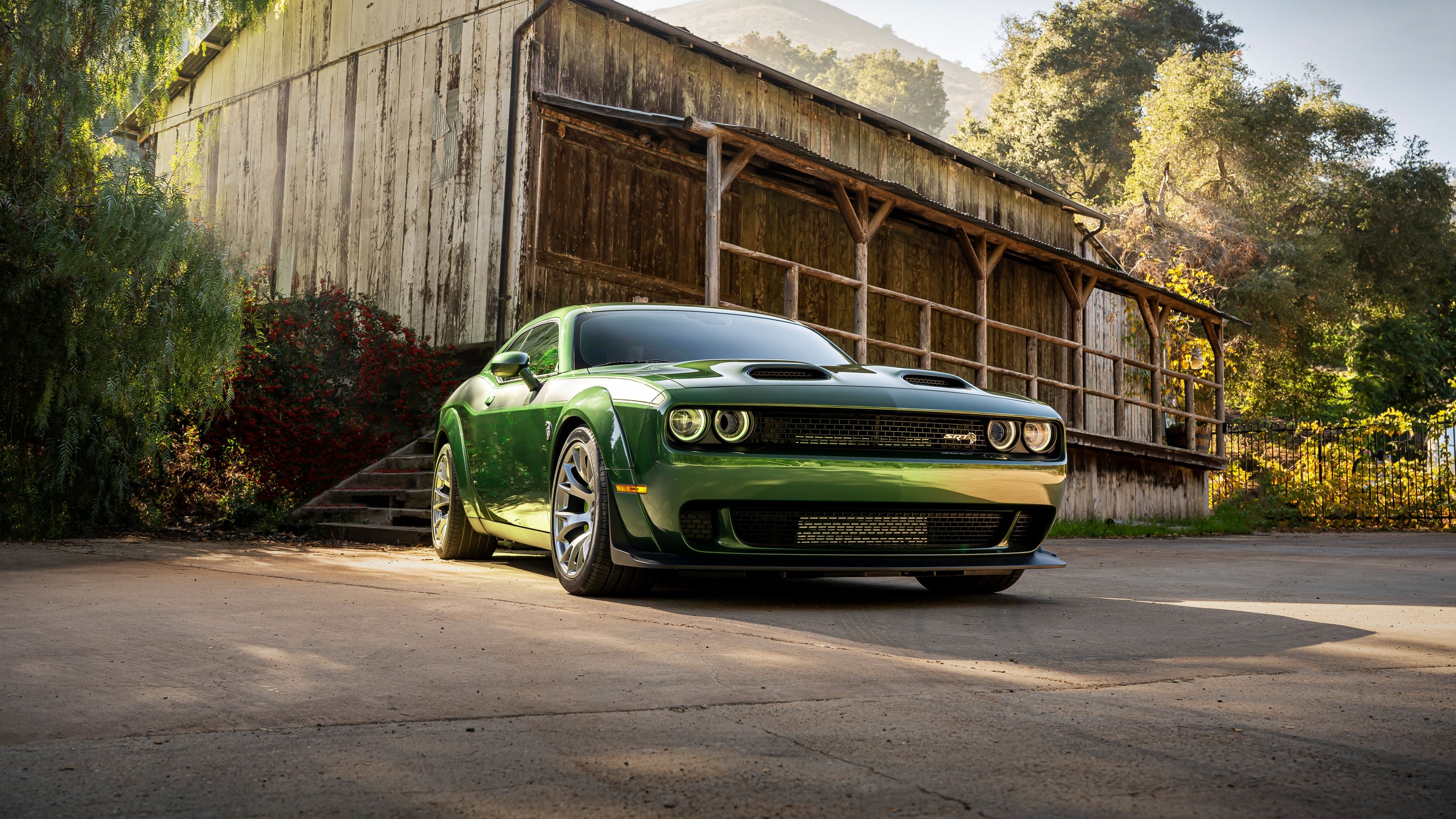 Dodge Challenger, Grünes Auto, Holzscheune, Sonnenlicht, Ländlich, 3840x2160, Desktop-Hintergrund