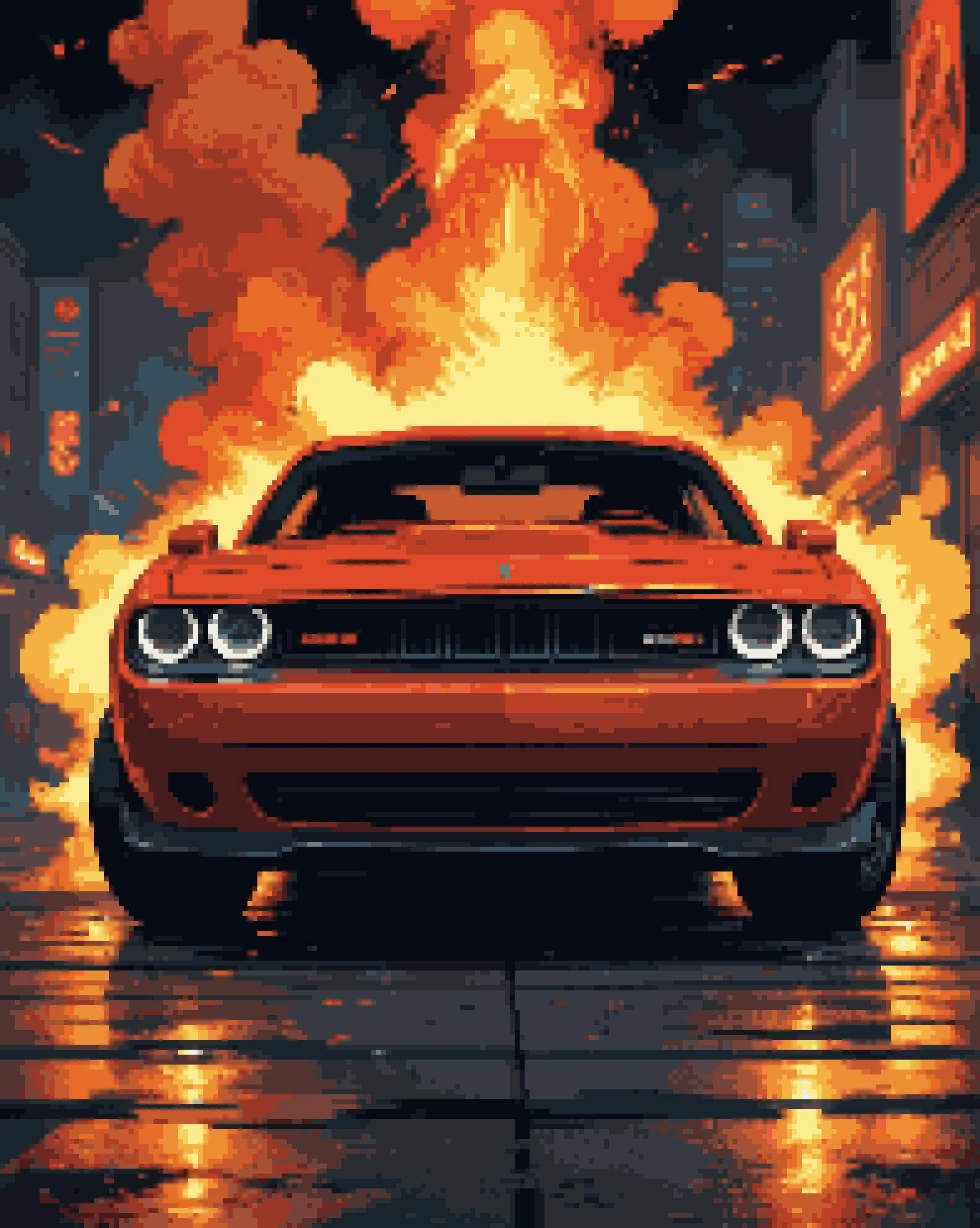 Dodge Challenger, Flammen, Feuer, Orange, Digitale Kunst, Hintergrundbild fürs Tablet