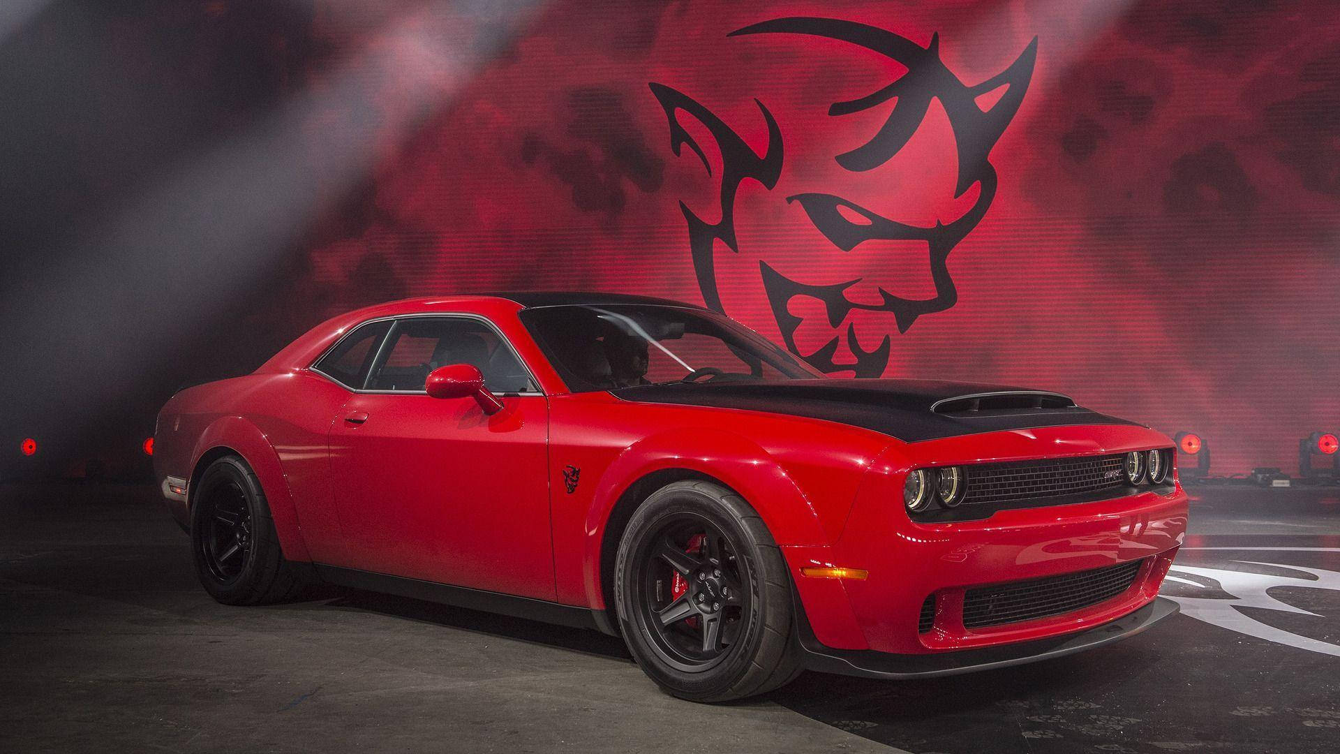 Dodge Challenger SRT Demon, Demon-Logo, Rotes Auto, Rauch, Muscle-Car, Full-HD-Hintergrundbild für PC