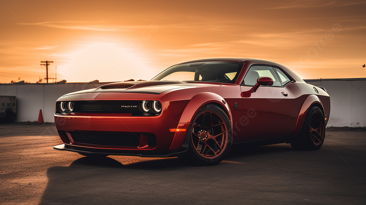 Dodge Challenger, Widebody, Rotes Auto, Sonnenuntergang, Parkplatz, Hintergrund