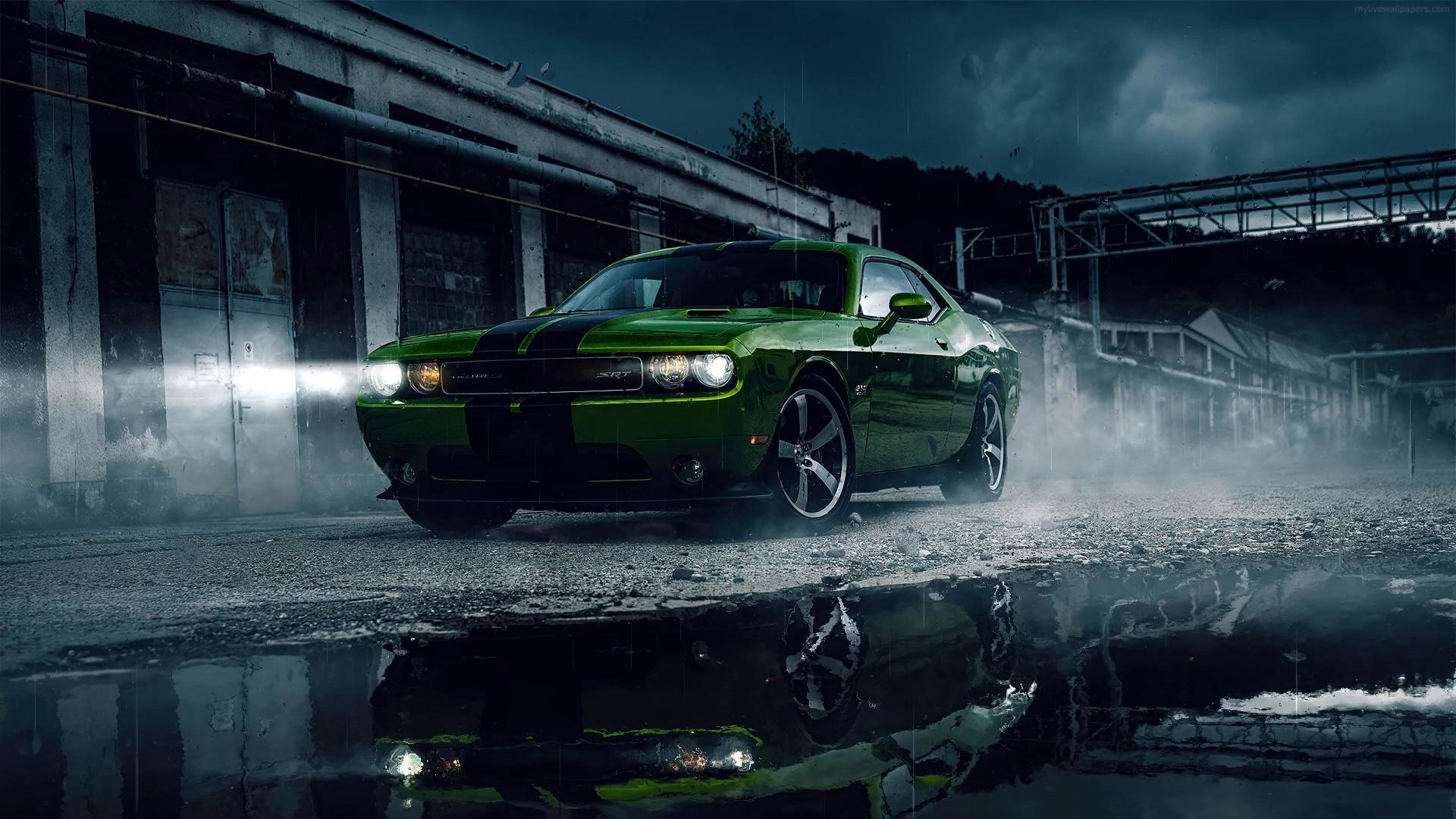 Dodge Challenger, Grünes Auto, Regen, Pfütze, Nebel, 1920x1080, Full-HD-Hintergrundbild für PC