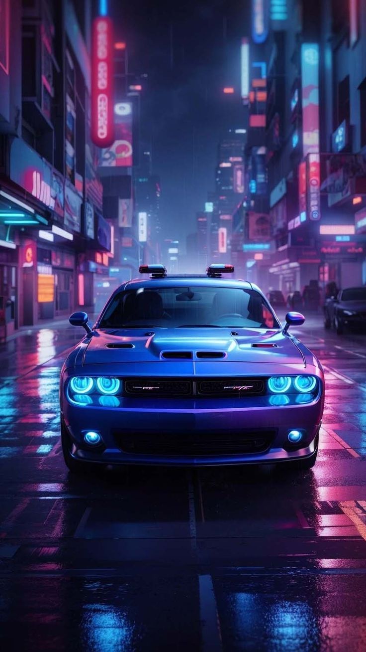 Dodge Challenger, Neonstadt, Cyberpunk, Nacht, Hochformat, Android-Hintergrundbild