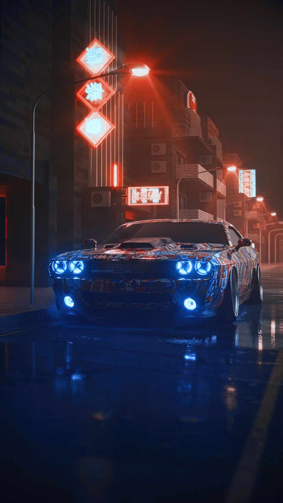 Dodge Challenger, Nacht, Neonschilder, Blaues Licht, Regen, HD, iPhone-Hintergrundbild