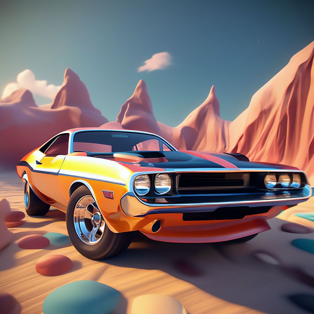 Dodge Challenger 1970, Oldtimer, Cartoon, 3D-Render, Rosa Berge, Hintergrundbild fürs Tablet