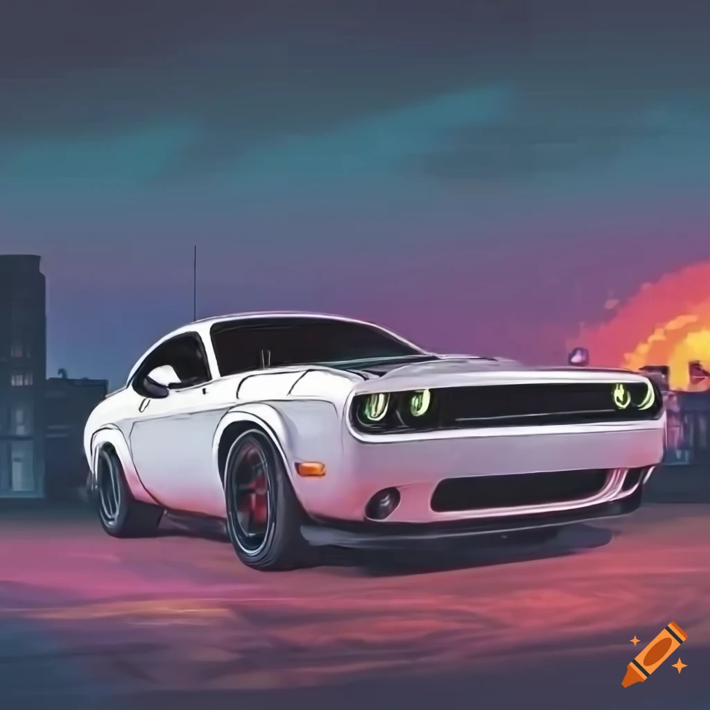 Dodge Challenger, Weißes Auto, Illustration, Abendhimmel, Lila, Hintergrundbild fürs iPad
