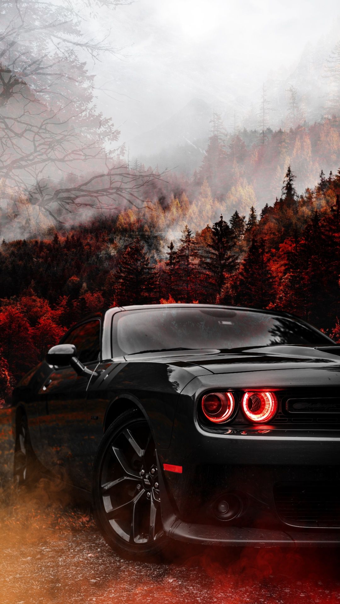 Dodge Challenger, Schwarzes Auto, Herbstwald, Nebel, Rote Scheinwerfer, 1080x1920, Handy-Hintergrund