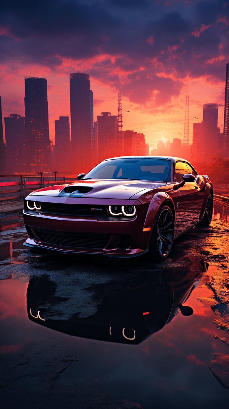 Dodge Challenger, Skyline, Sonnenuntergang, Roter Himmel, Spiegelung, HD, Handy-Hintergrund