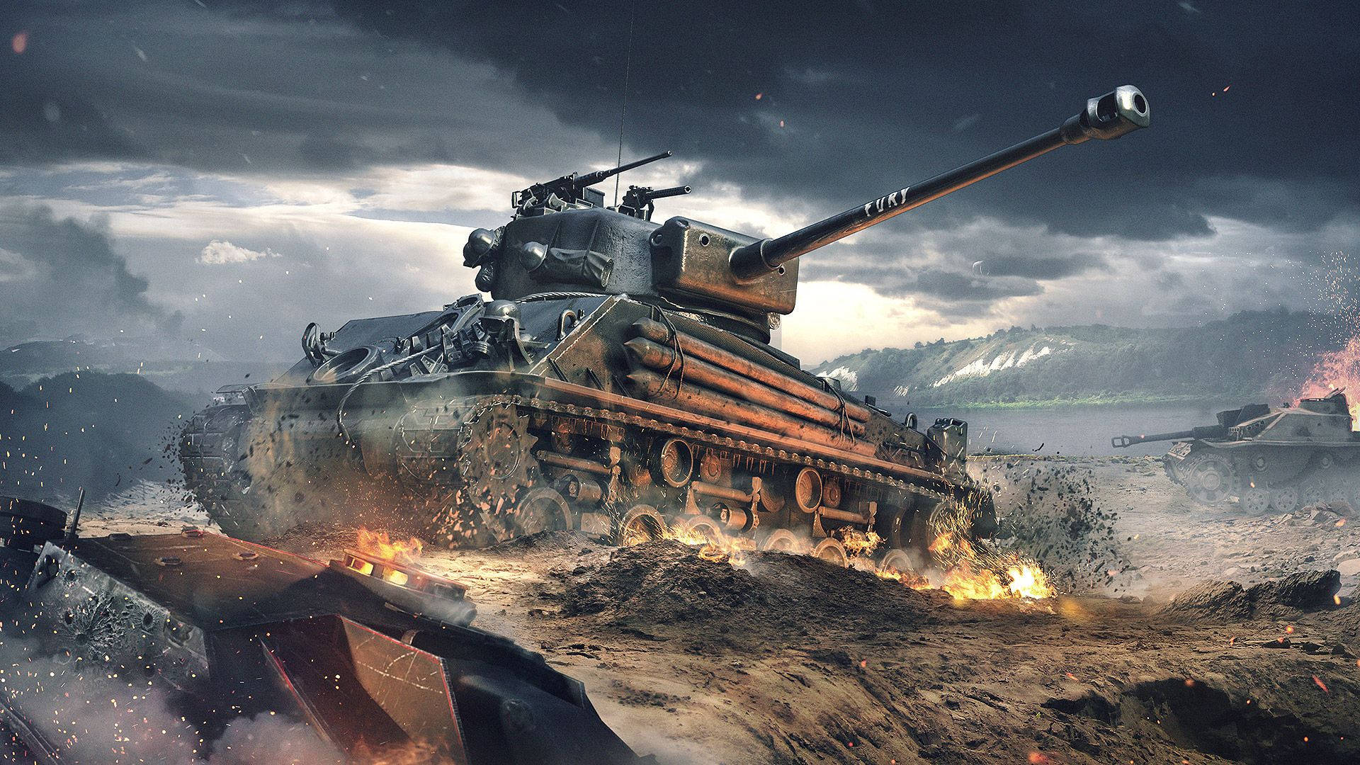 M4 Sherman, World of Tanks, Schlachtfeld, Feuer, Digitale Kunst, Full HD, Desktop-Hintergrund