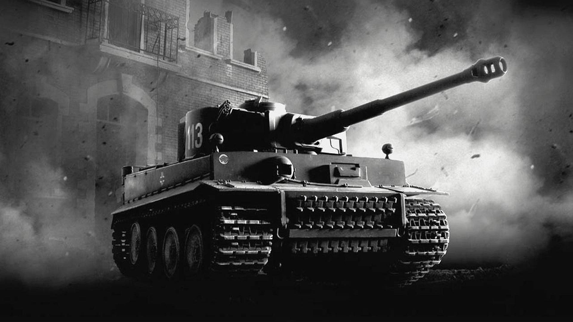 Tiger I, Zweiter Weltkrieg, Schwarz-Weiß, Ruinen, Rauch, Full HD, Windows-Hintergrundbild