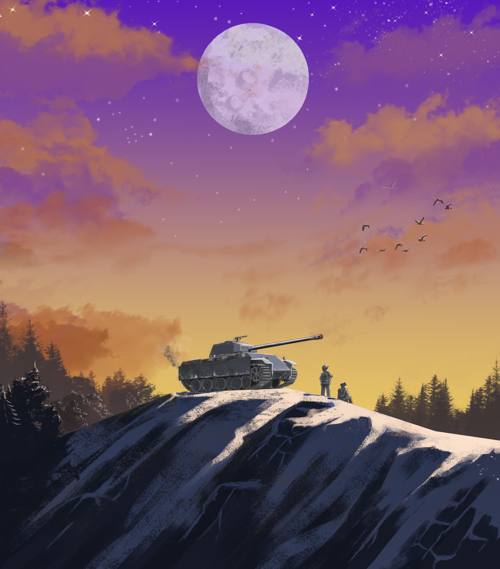 Panzer, Vollmond, Hügel, Abendhimmel, Illustration, Full HD, Hintergrundbild fürs Tablet