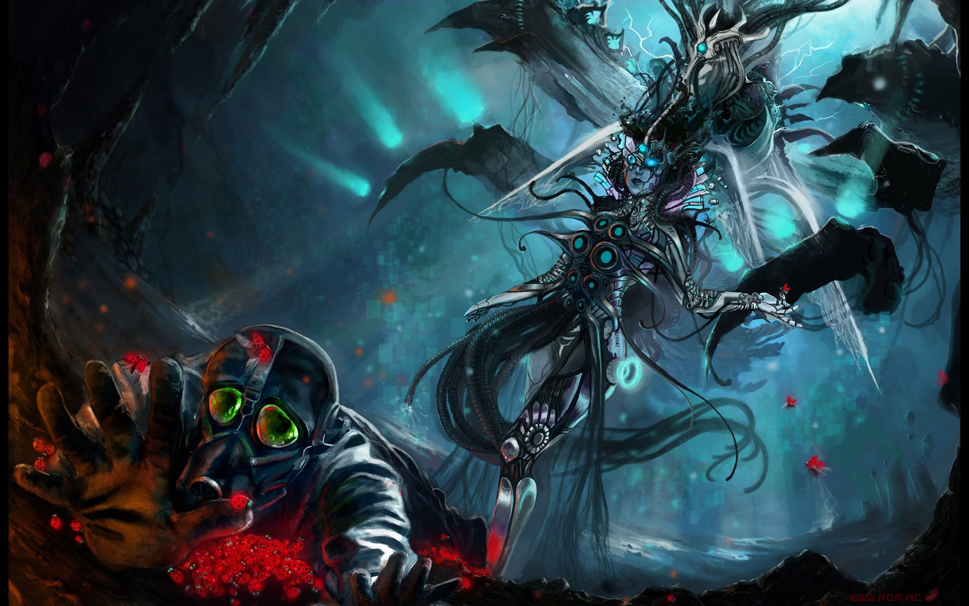 Biomechanisches Wesen, Fantasy, Türkis, Digital Art, Dunkel, Full HD, Windows-Hintergrundbild