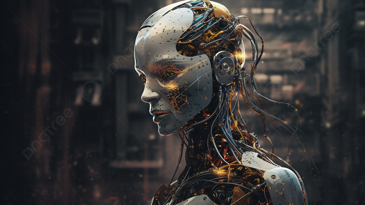 Androide, Weibliches Gesicht, Mechanik, Kabel, Sci-Fi, Hintergrund