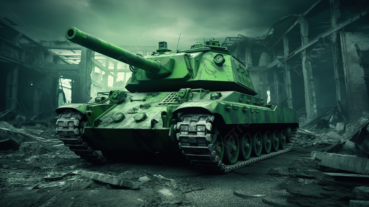 Schwerer Panzer, Ruinen, Grün, Digitale Kunst, Kriegsschauplatz, Hintergrundbild