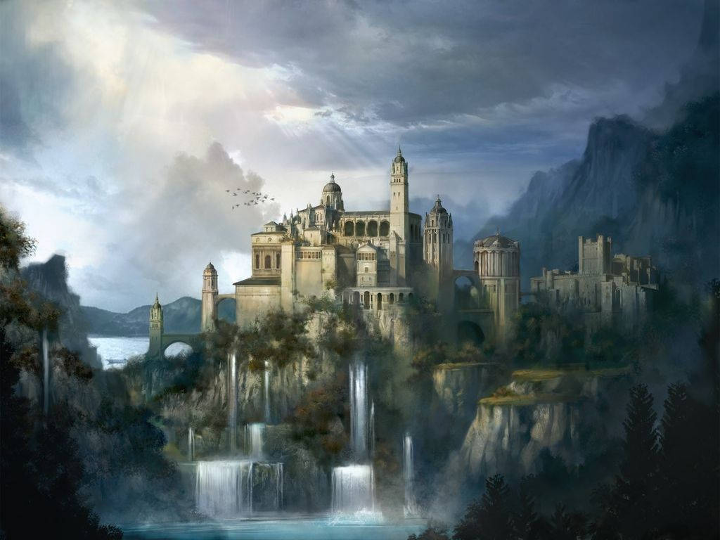 Fantasy-Burg, Wasserfälle, Berge, Wolken, Concept Art, Hintergrundbild für iPad und Tablet