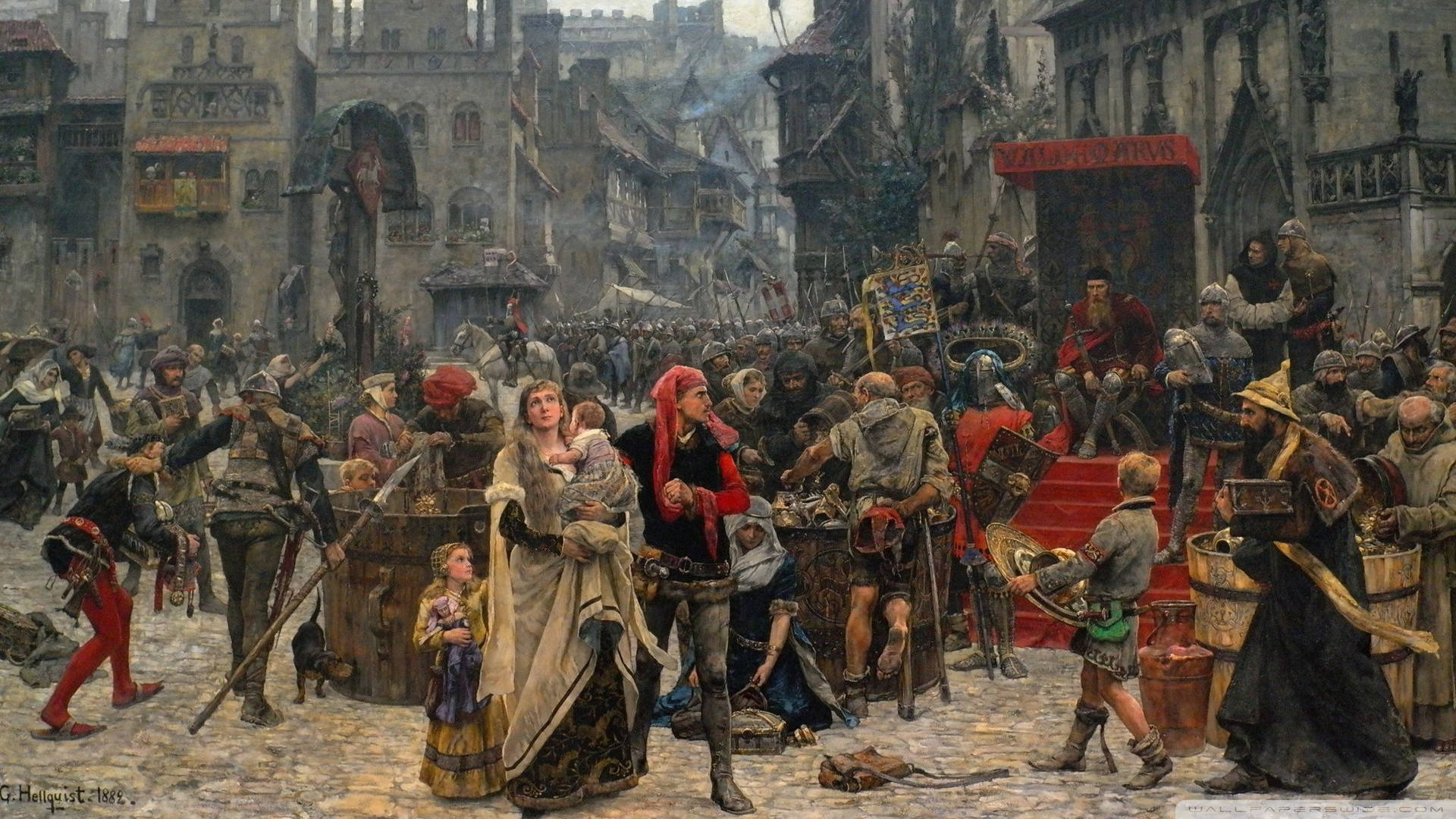 Mittelalterlicher Markt, Menschenmenge, Gemälde, Altstadt, Historienmalerei, 1080p Wallpaper