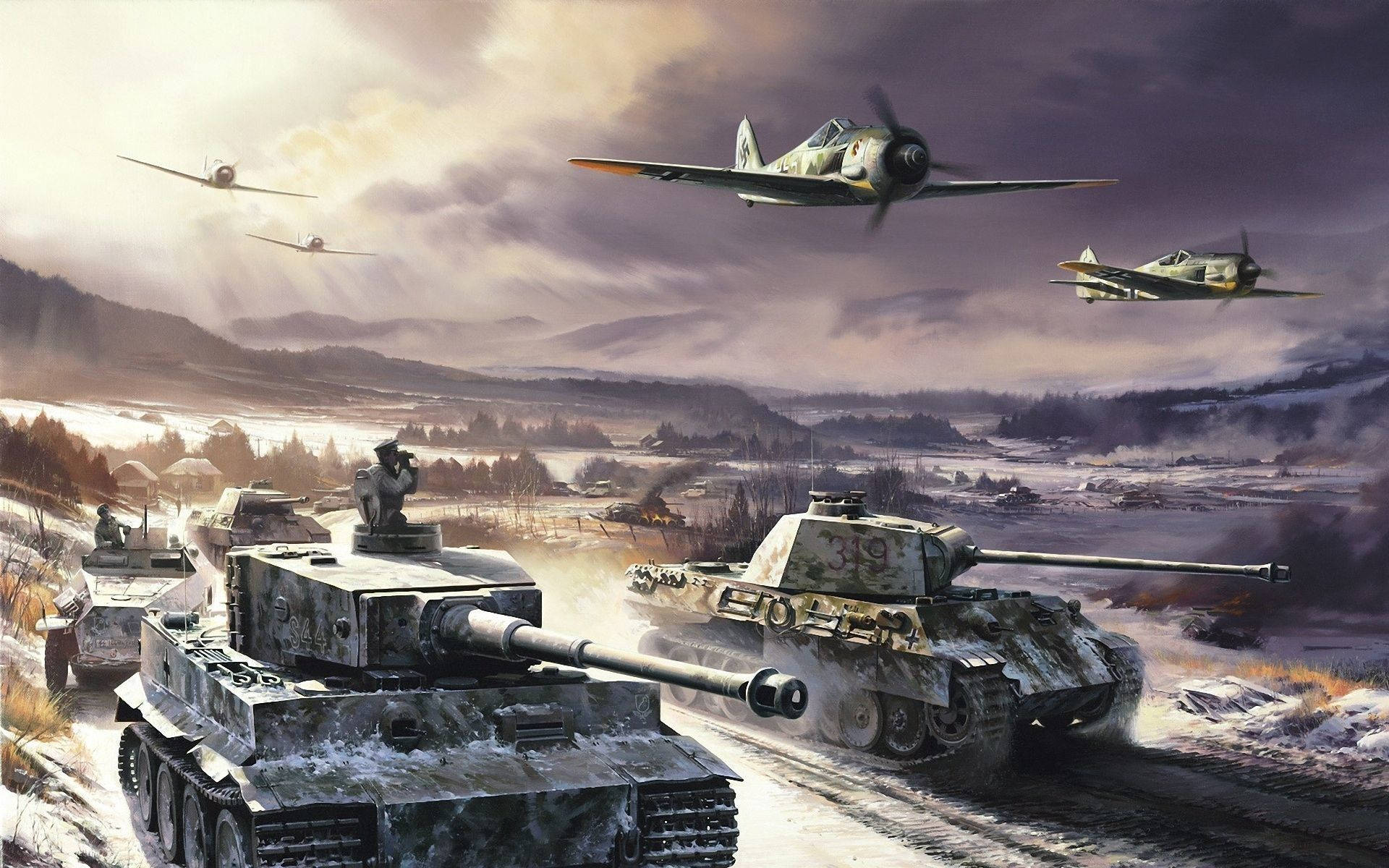 Tiger I, Panther, Jagdflugzeuge, Winter, Zweiter Weltkrieg, Full HD, Breitbild-Hintergrundbild