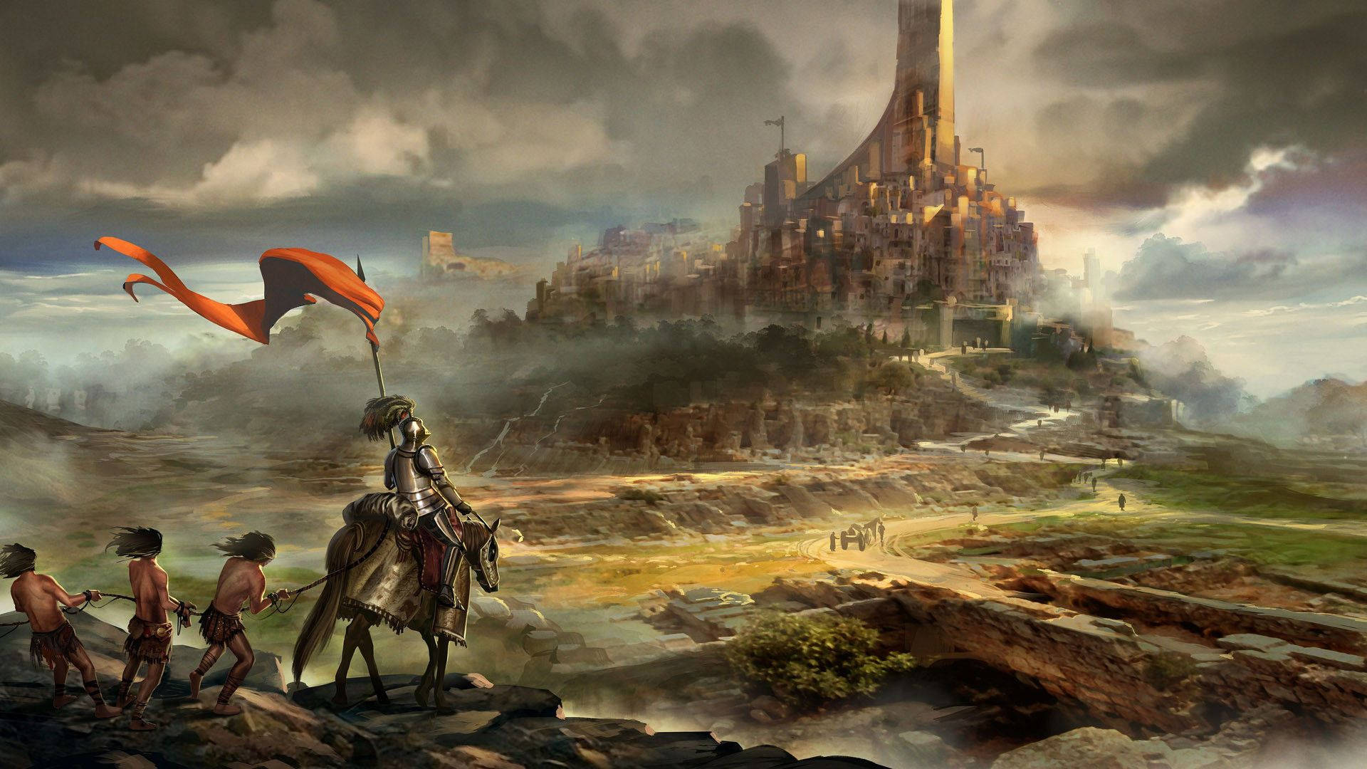 Krieger, Pferd, Fantasy-Stadt, Banner, Concept Art, Landschaft, Full-HD-Hintergrundbild für PC