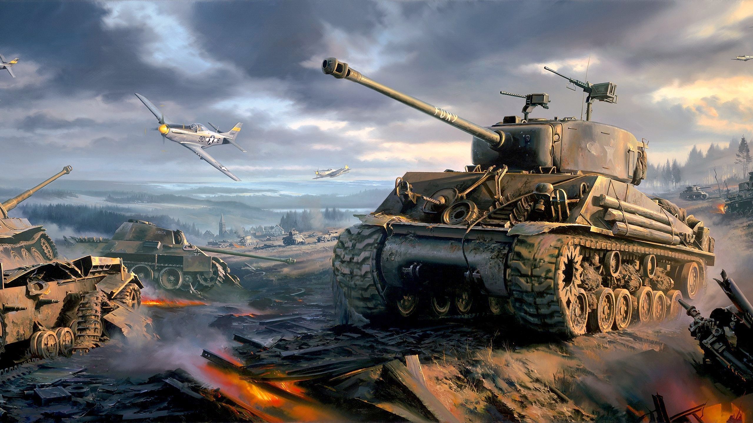 M4 Sherman, P-51 Mustang, Schlachtfeld, Feuer, Digitale Kunst, 2K, Laptop-Hintergrundbild
