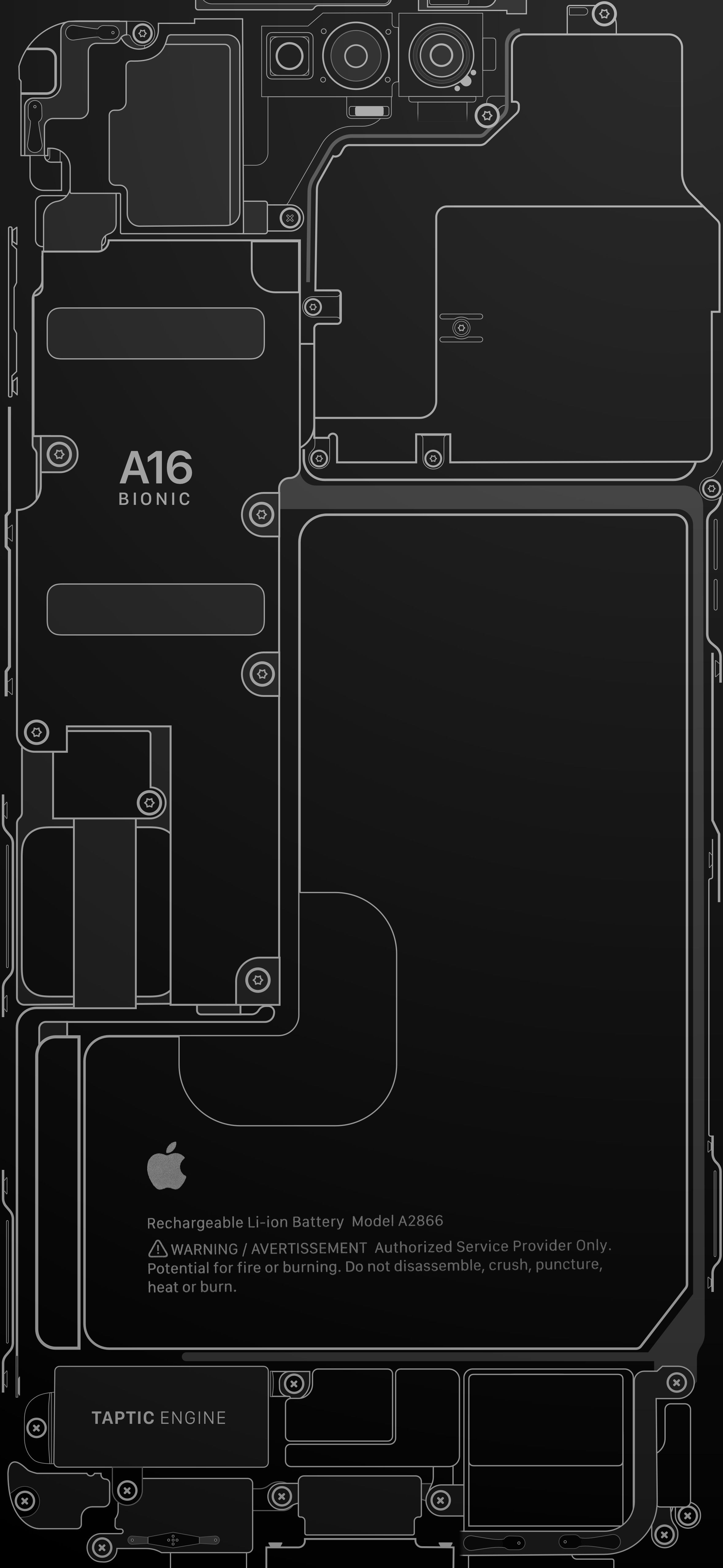 Apple A16 Bionic, Platinenlayout, iPhone-Innenleben, Schwarz, QHD+, Handy-Hintergrundbild