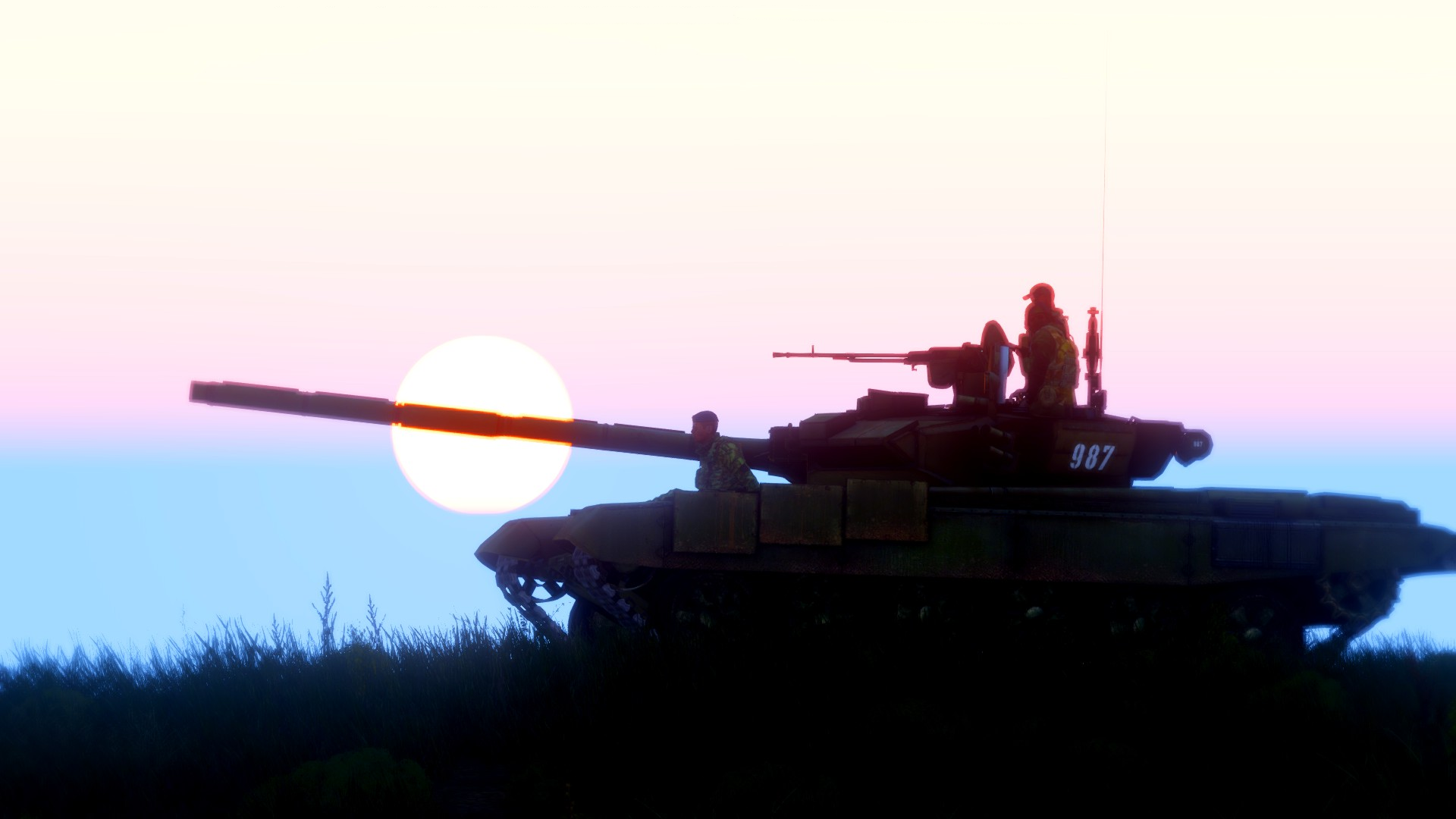T-72, Silhouette, Sonnenuntergang, Soldaten, Rosa Himmel, Full HD, PC-Hintergrundbild