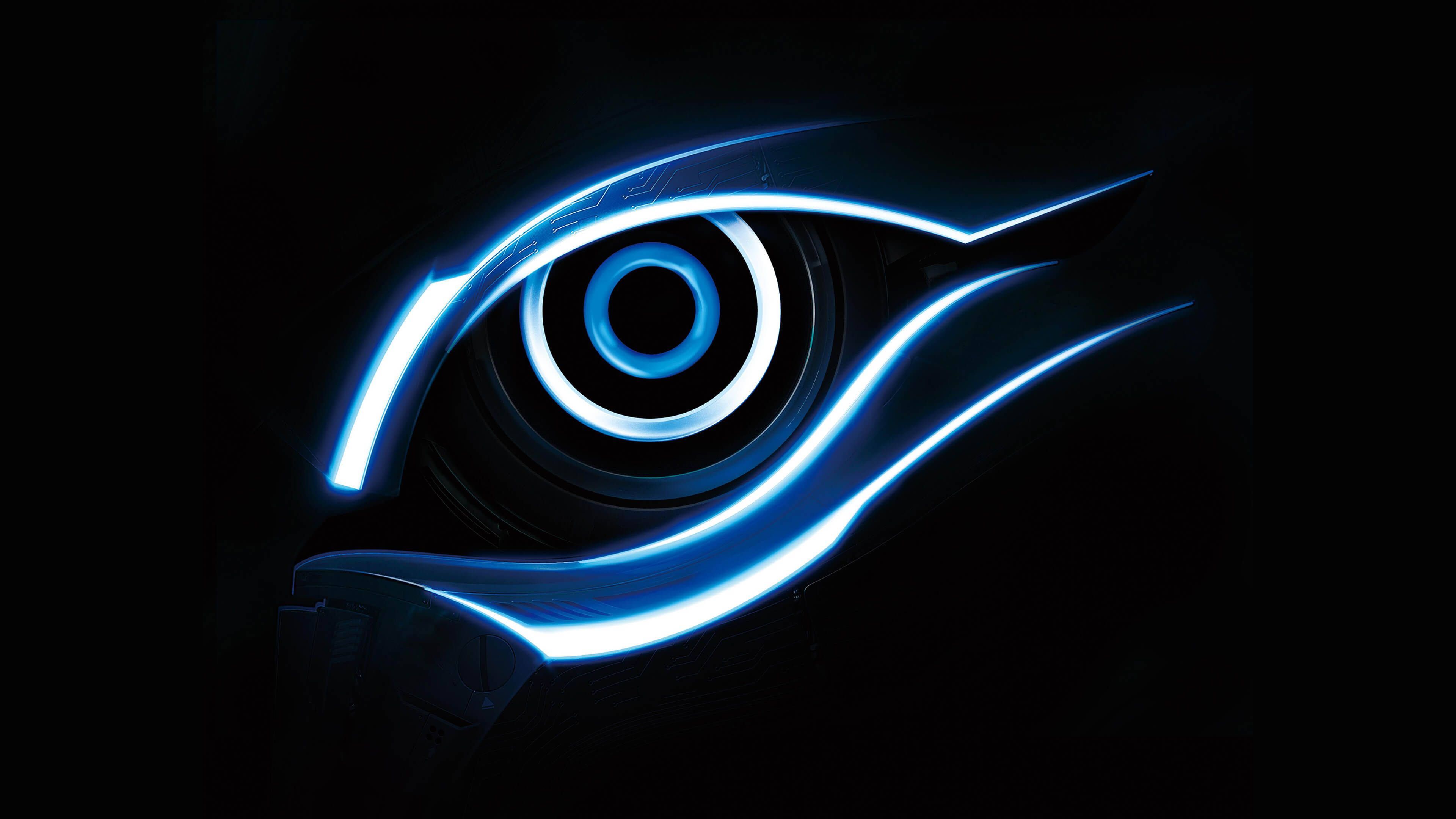 Futuristisches Auge, Blaue Leuchtlinien, Logo, Schwarzer Hintergrund, 4K Wallpaper