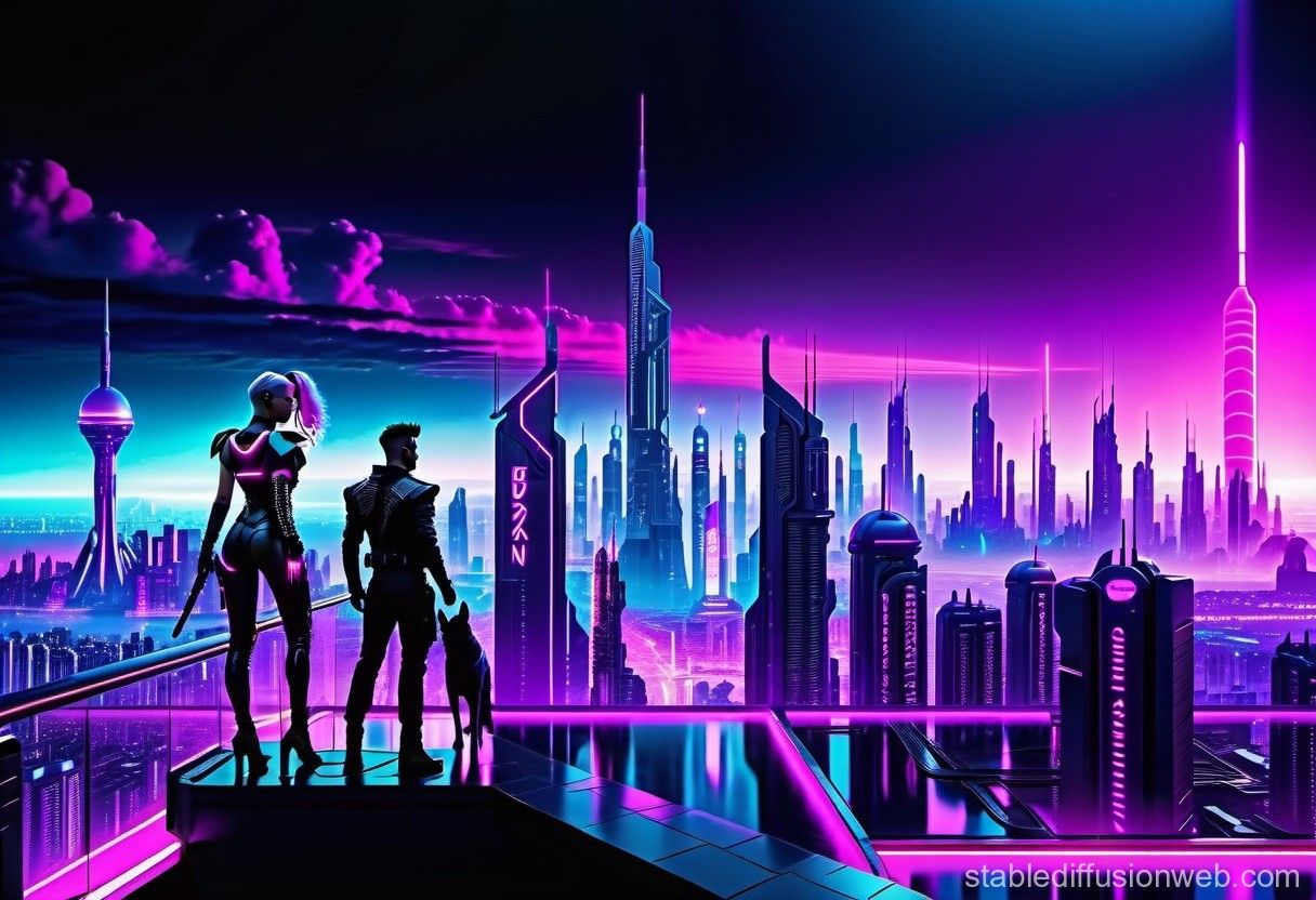 Cyberpunk-Stadt, Neon, Silhouetten, Synthwave, Pink und Blau, Hintergrundbild