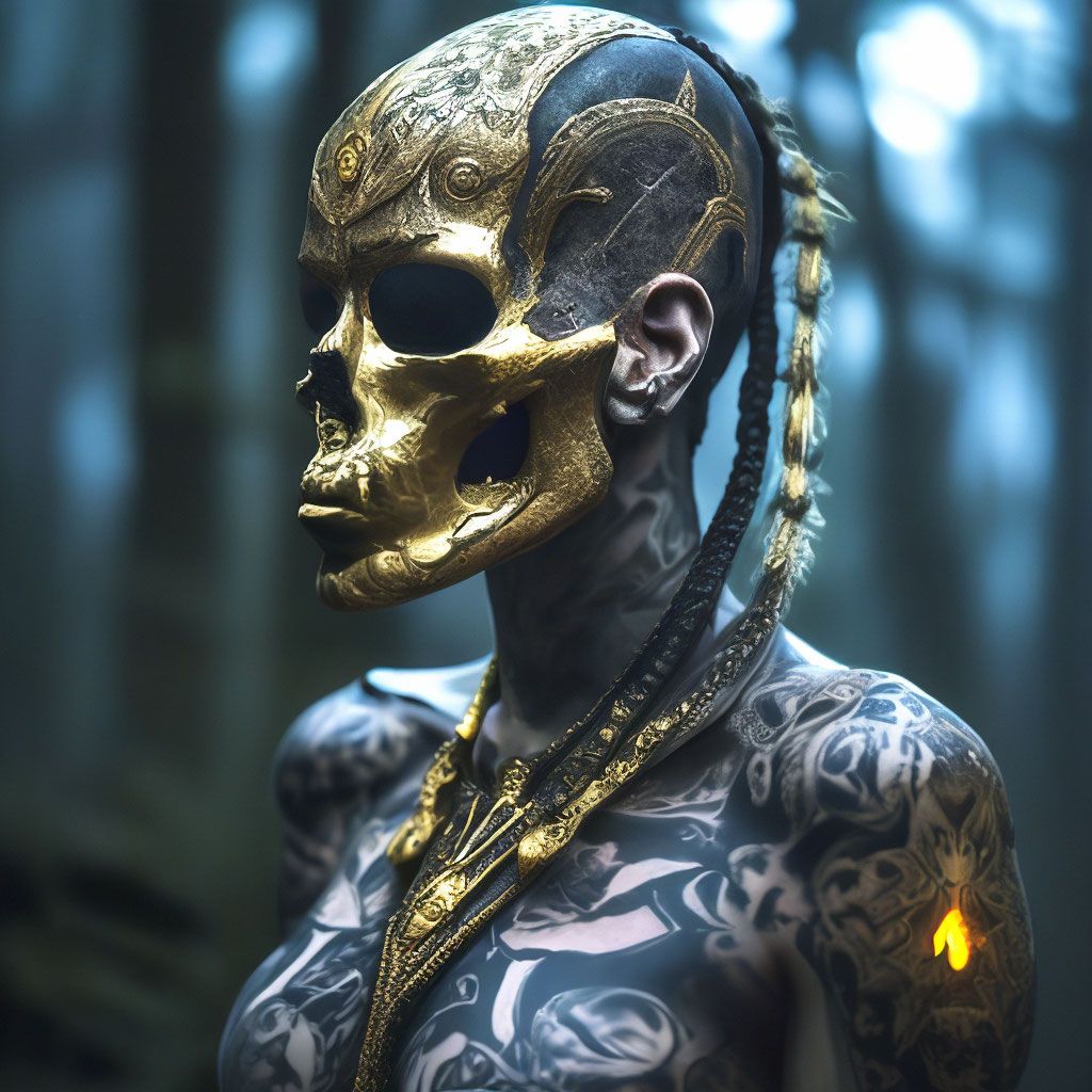Goldener Totenkopf, Cyborg, Zöpfe, Wald, Tattoos, Hintergrundbild für iPad und Tablet