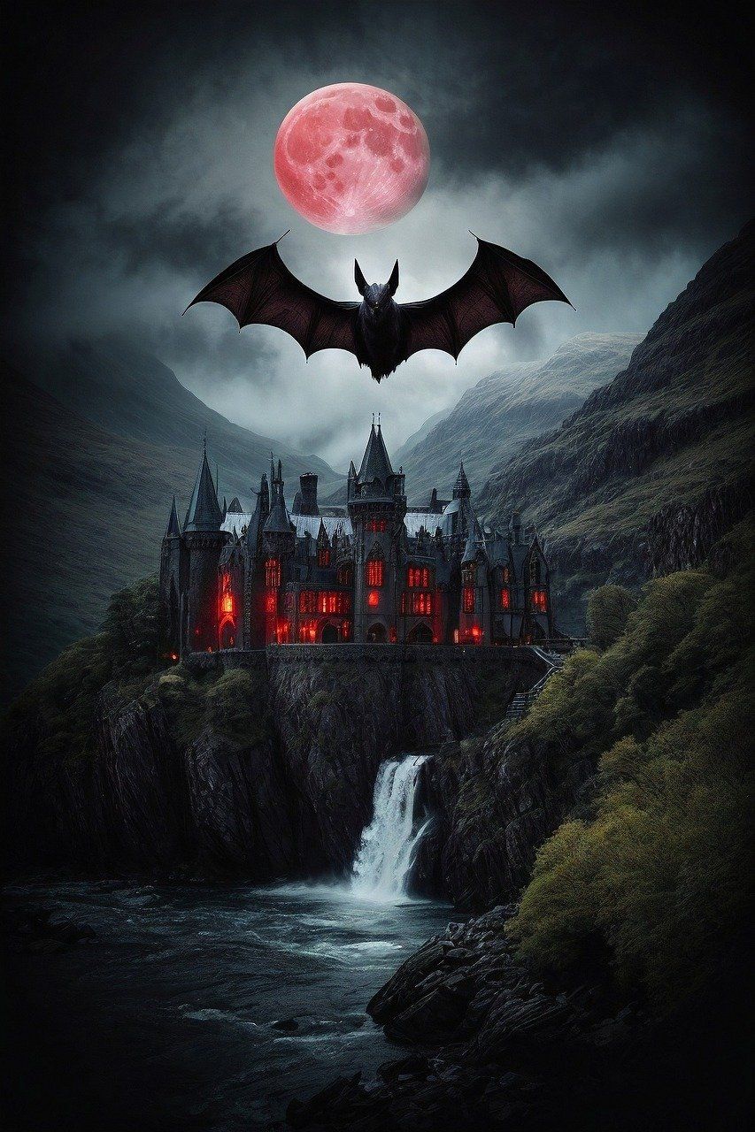 Fledermaus, Blutmond, Dunkles Schloss, Wasserfall, Gothic, Nacht, HD, iPhone-Hintergrundbild