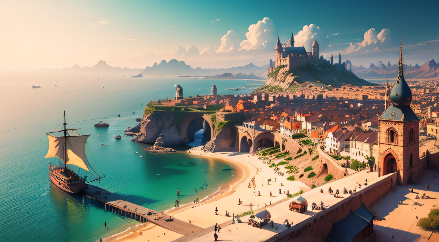 Hafenstadt, Segelschiff, Burg, Küste, Fantasy, Türkises Wasser, HD, Desktop-Hintergrund