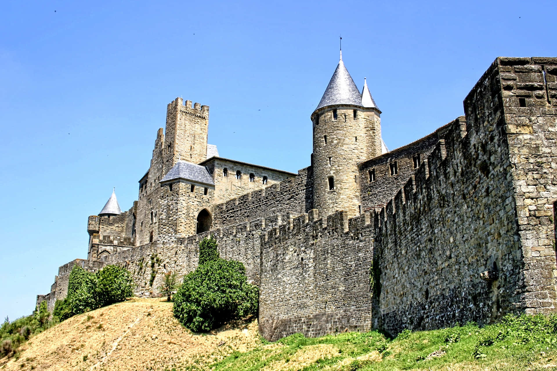 Carcassonne, Cité de Carcassonne, Frankreich, Stadtmauer, Festung, Blauer Himmel, Full-HD-Hintergrundbild