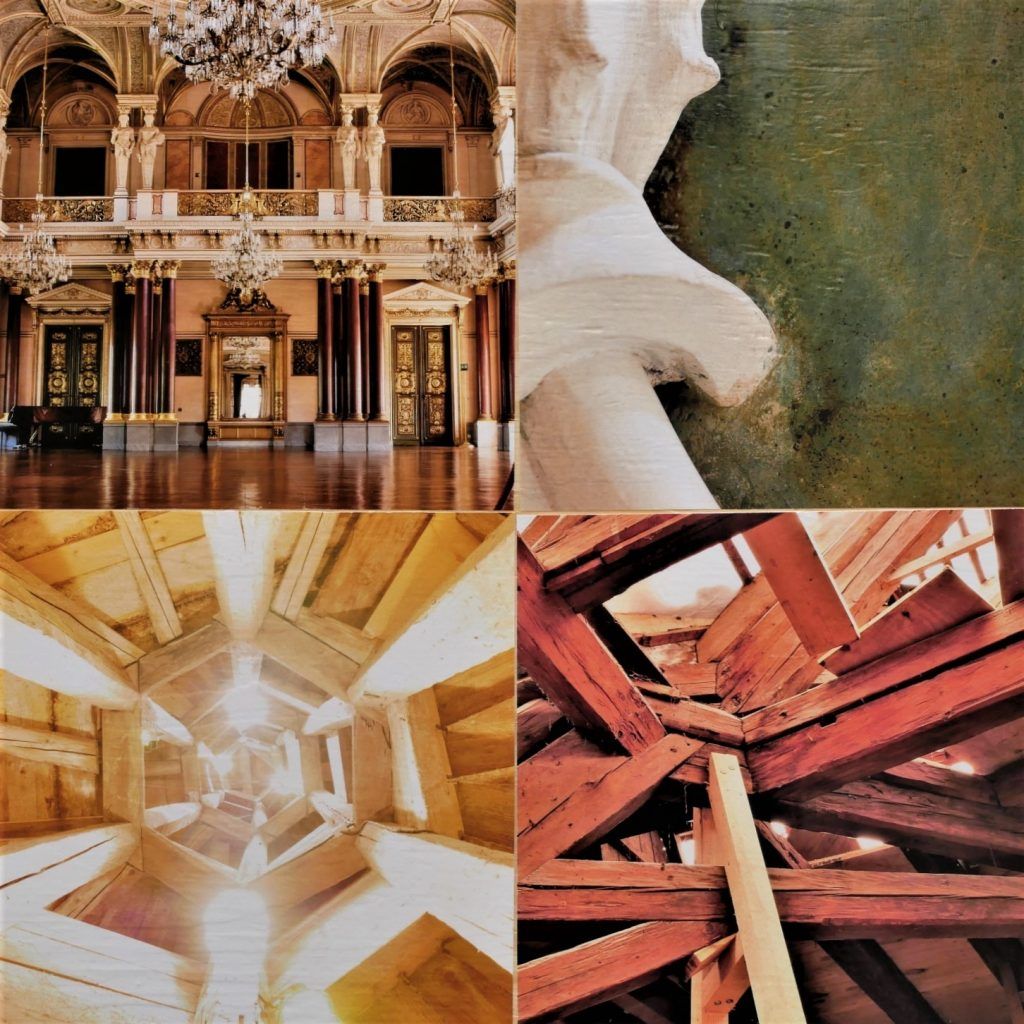 Collage, Palast, Innenraum, Holzbalken, Architektur, Hintergrundbild für iPad und Tablet