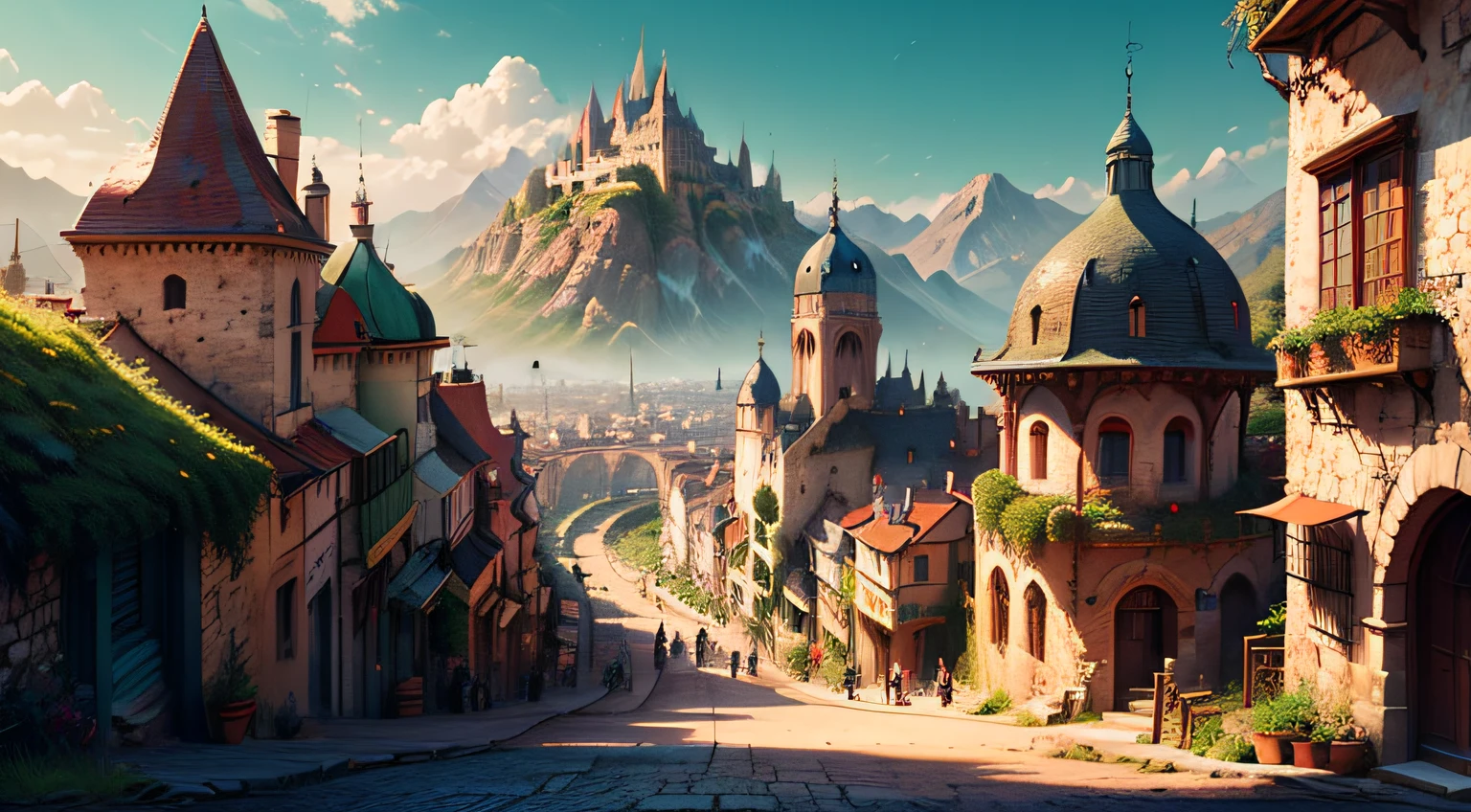 Fantasy-Stadt, Kuppeln, Gasse, Berge, Burg, Bunt, HD, Desktop-Hintergrund für Windows