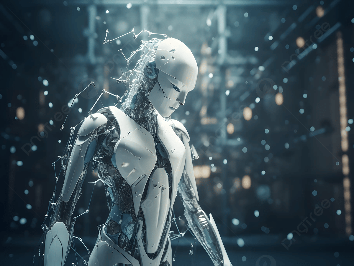 Androide, Weißer Roboter, Partikel, Sci-Fi, Blaugrau, Hintergrundbild für iPad und Tablet